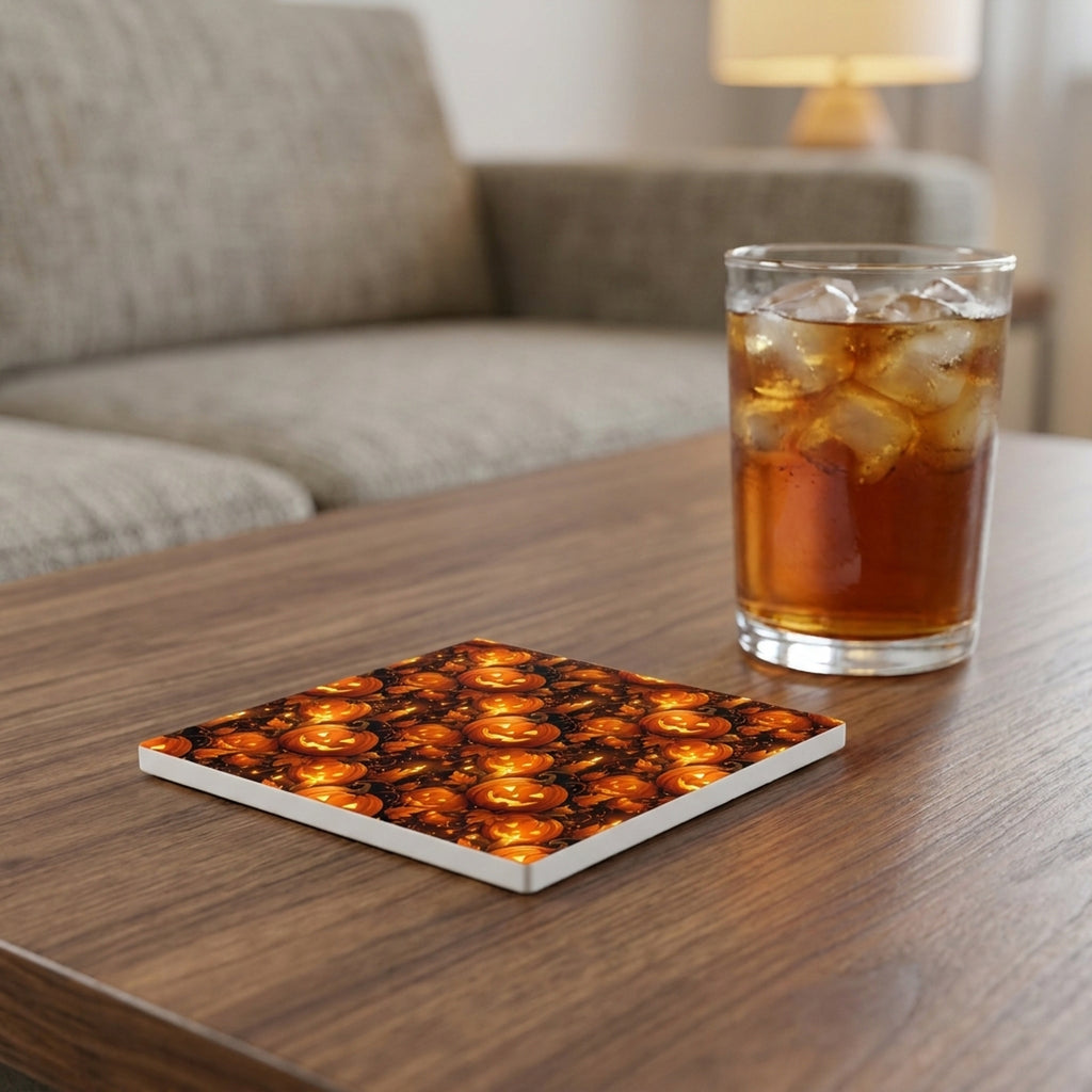 Halloween Pumpkins ceramic coasters set of 4, lifestyle