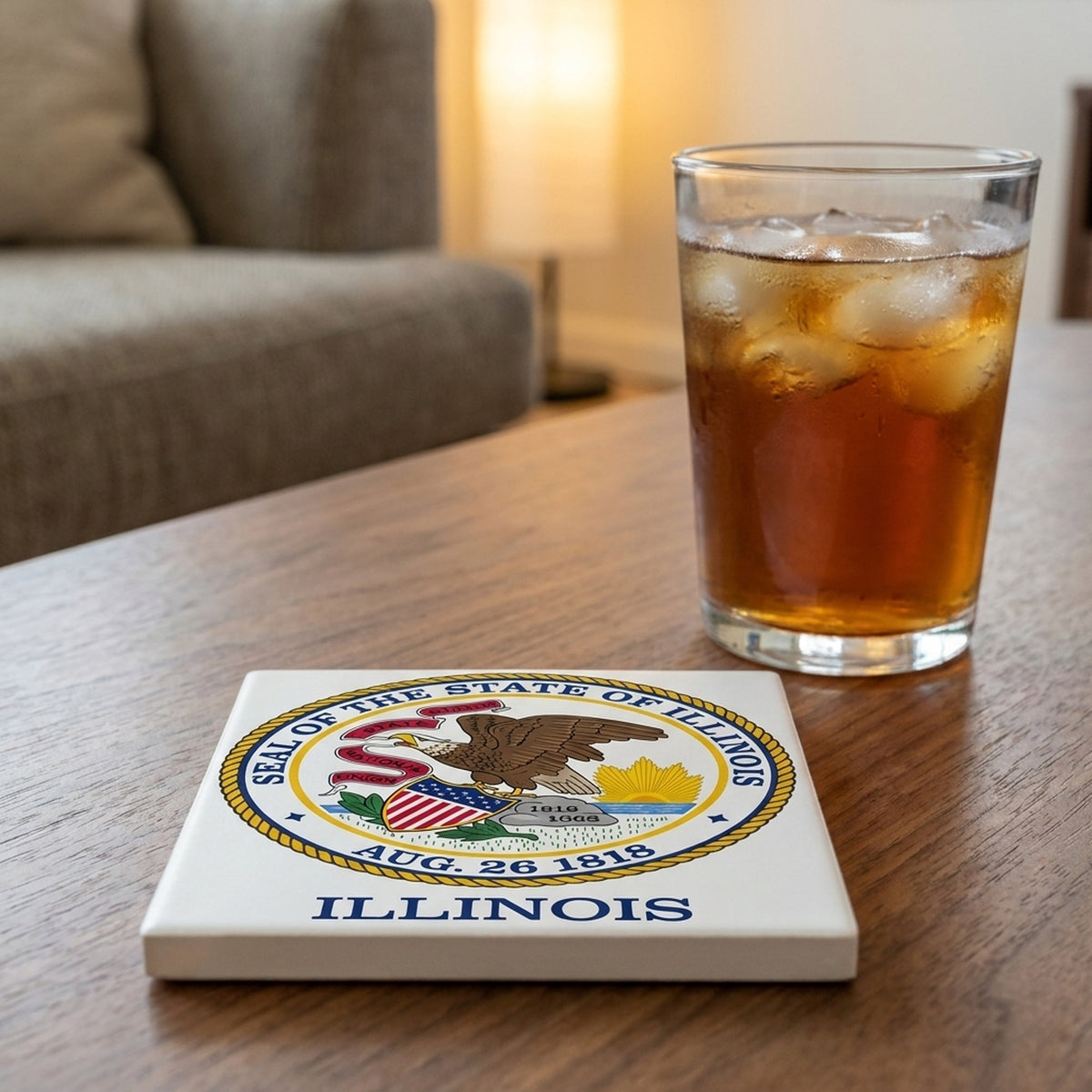 Illinois State Flag ceramic coasters set of 4, lifestyle