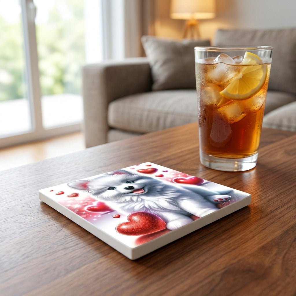 Pomeranian ceramic coasters set of 4, lifestyle