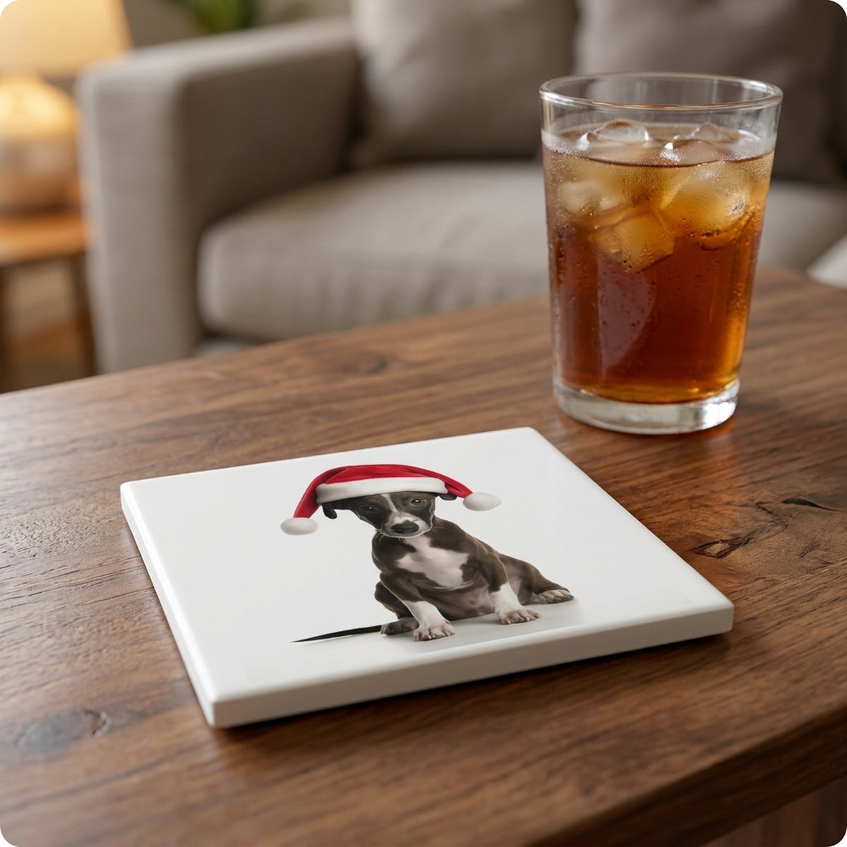 Whippet Puppy ceramic coasters set of 4, lifestyle