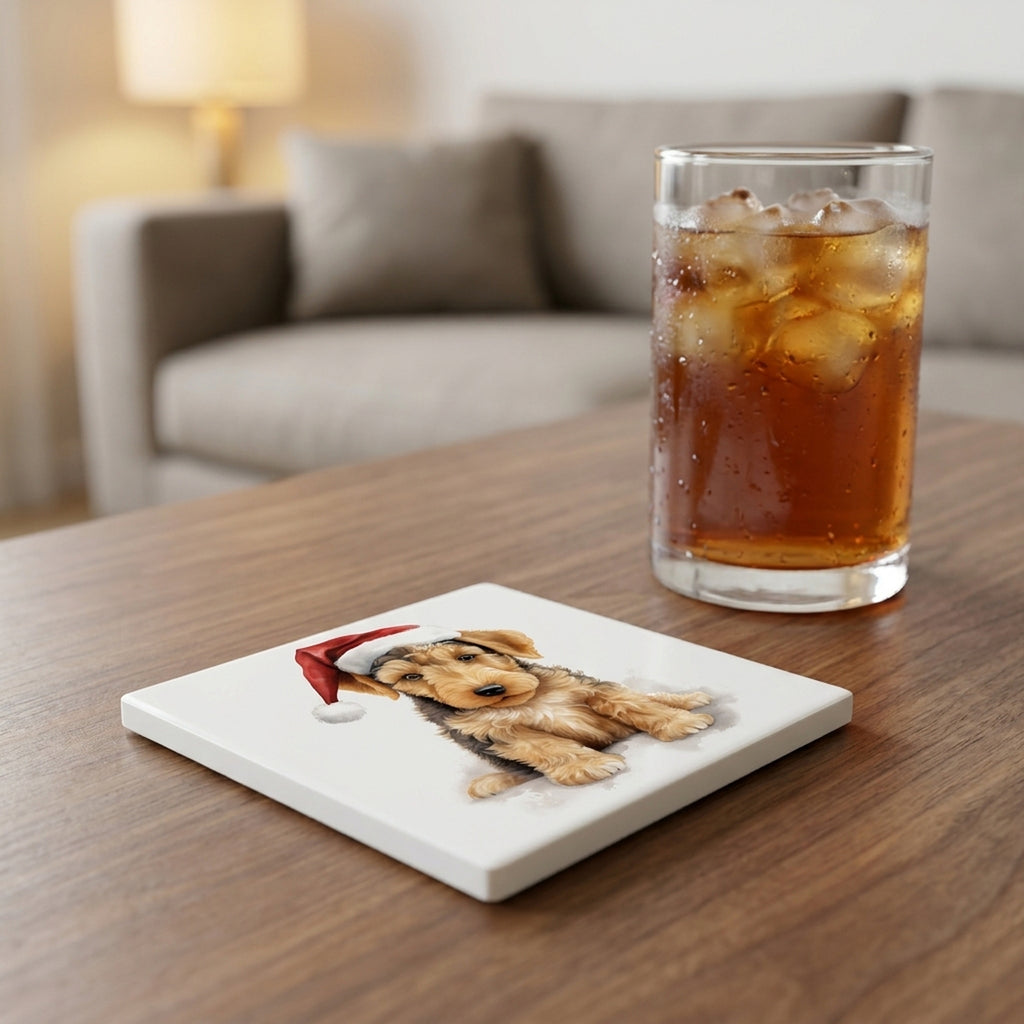 Airedale Terrier Puppy Drawing ceramic coasters set of 4, lifestyle
