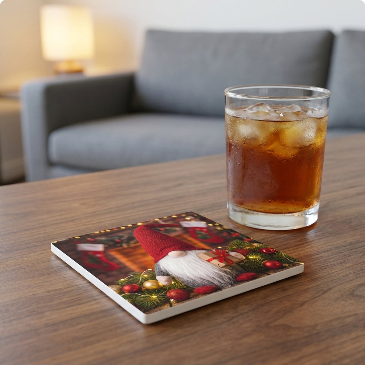 Holiday Gnome ceramic coasters set of 4, lifestyle