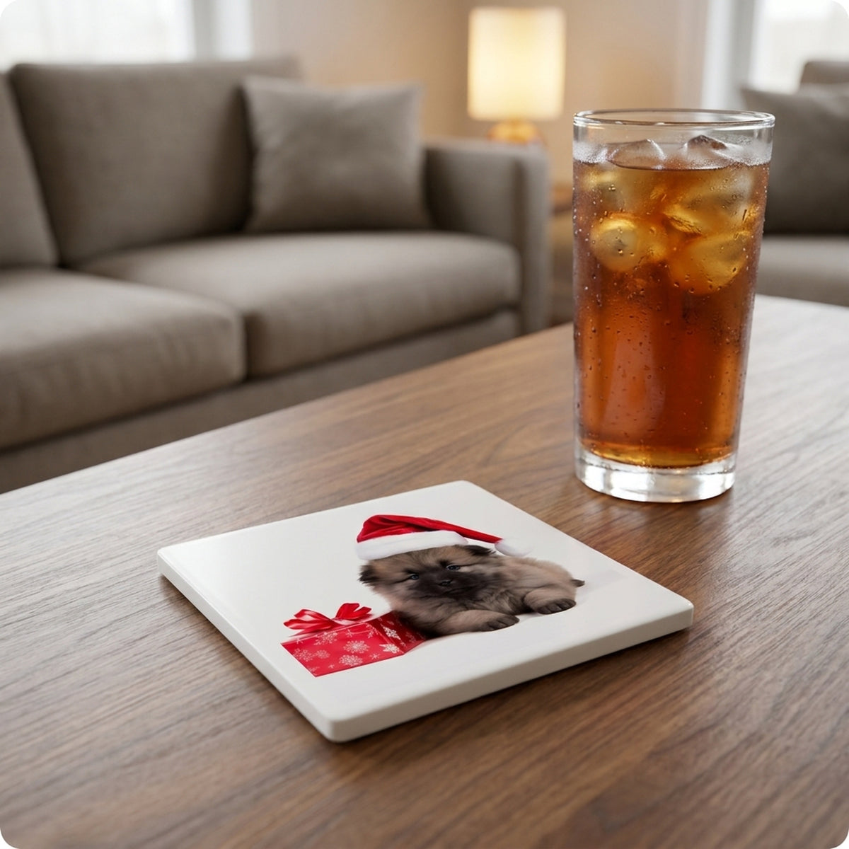 Keeshonden Puppy ceramic coasters set of 4, lifestyle