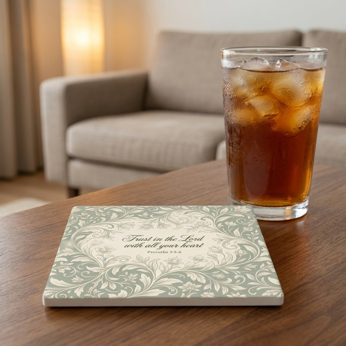 Proverbs 3:5 ceramic coasters set of 4, lifestyle