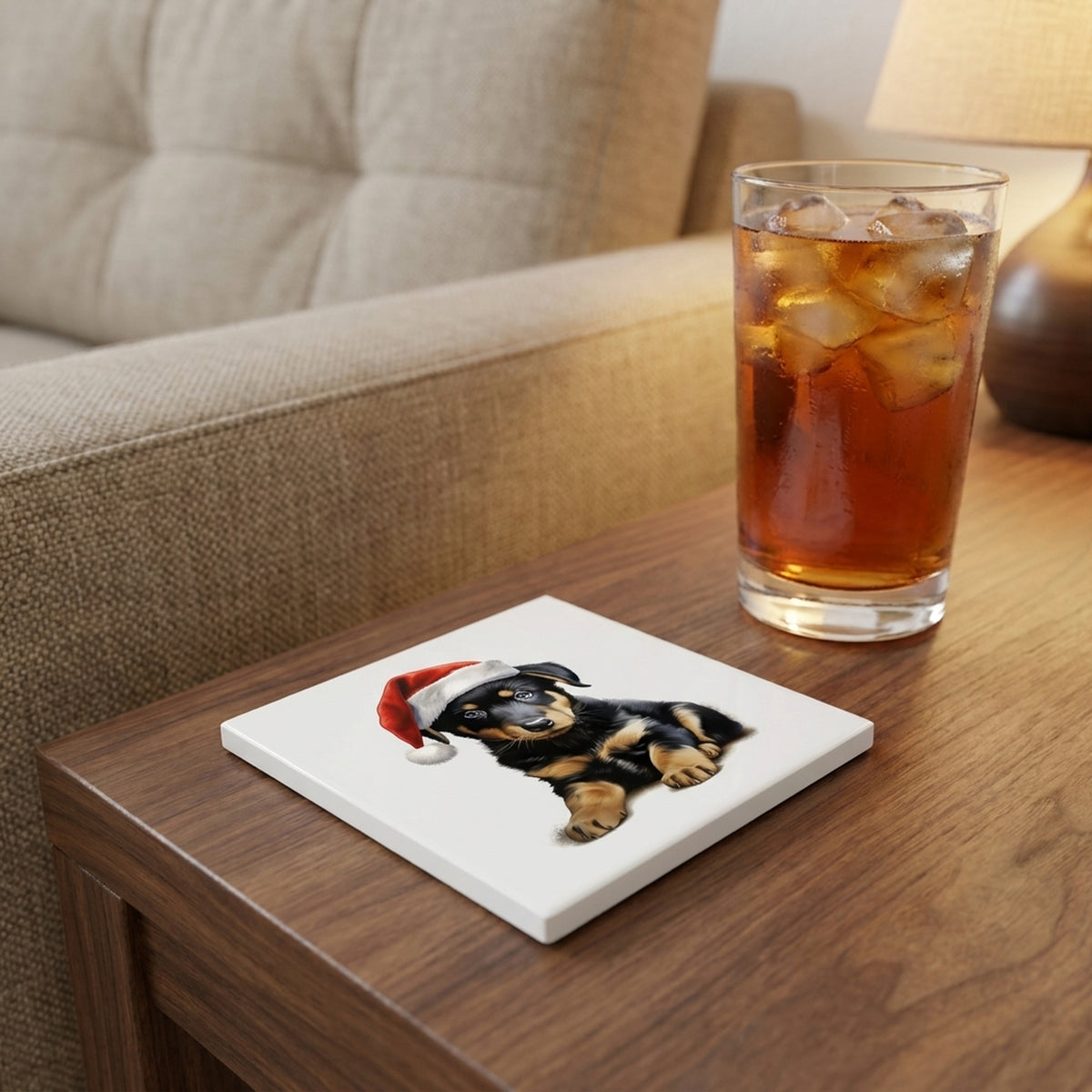 Beauceron Puppy Drawing ceramic coasters set of 4, lifestyle