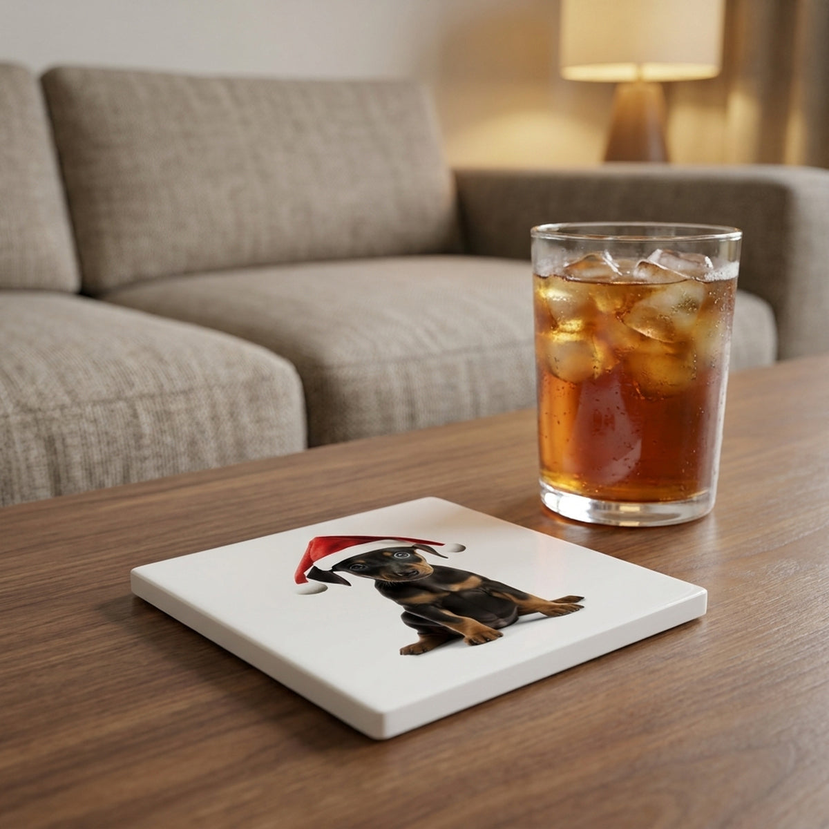 German Pinscher Puppy ceramic coasters set of 4, lifestyle