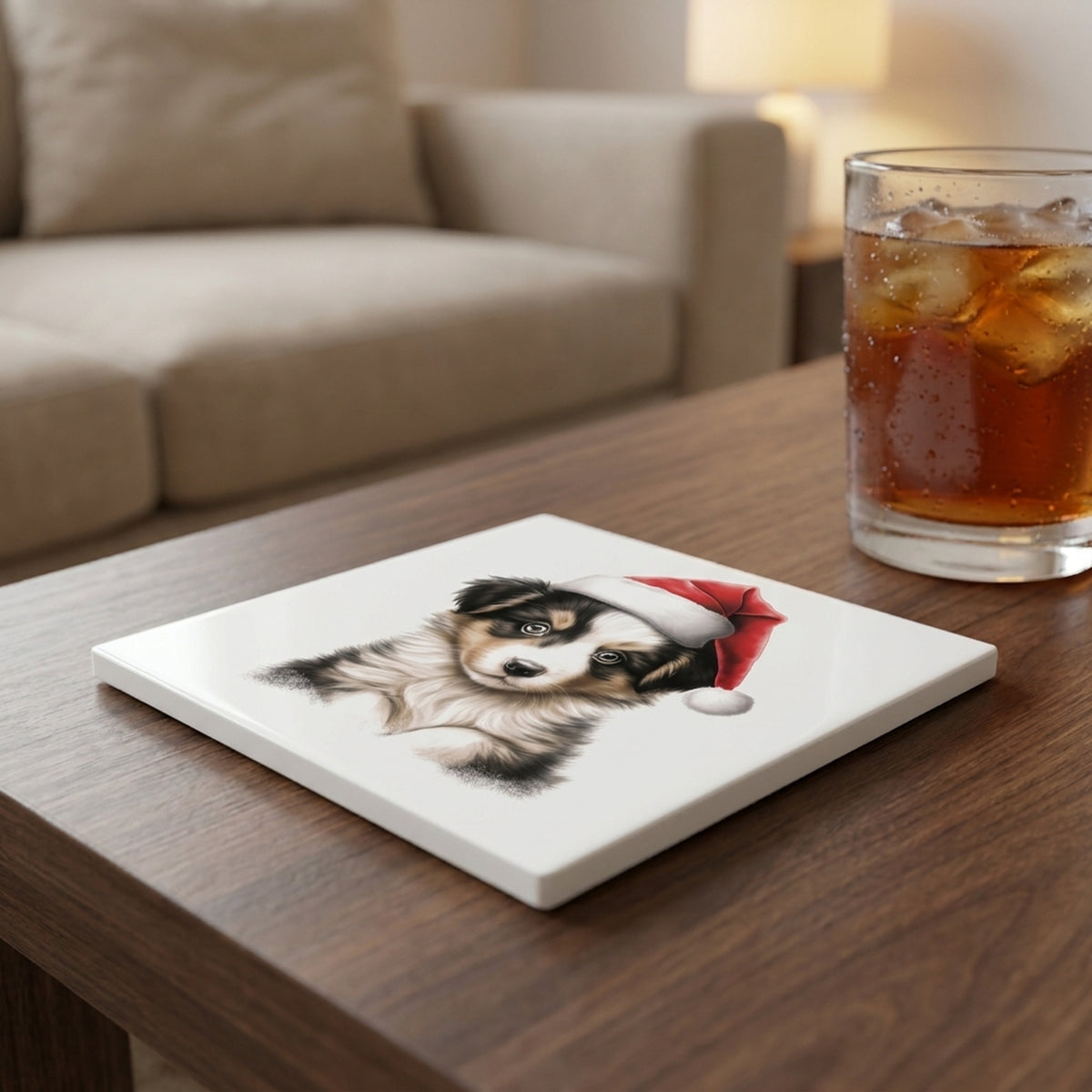 Collie Puppy Drawing ceramic coasters set of 4, lifestyle