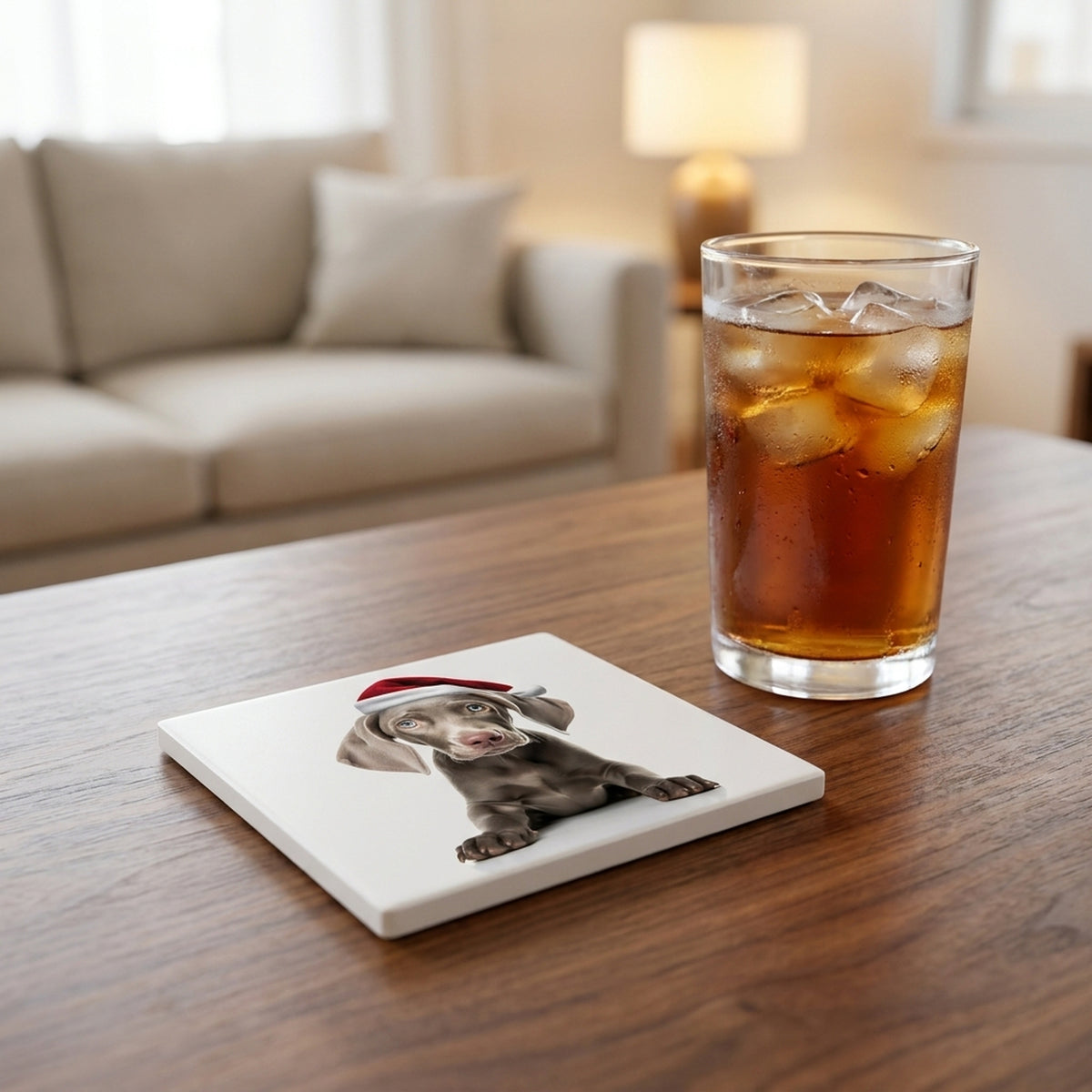 Weimaraner Puppy ceramic coasters set of 4, lifestyle