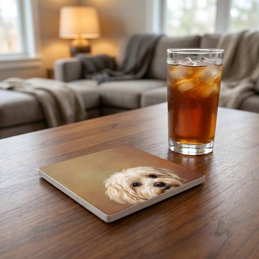 Maltese Portrait ceramic coasters set of 4, lifestyle