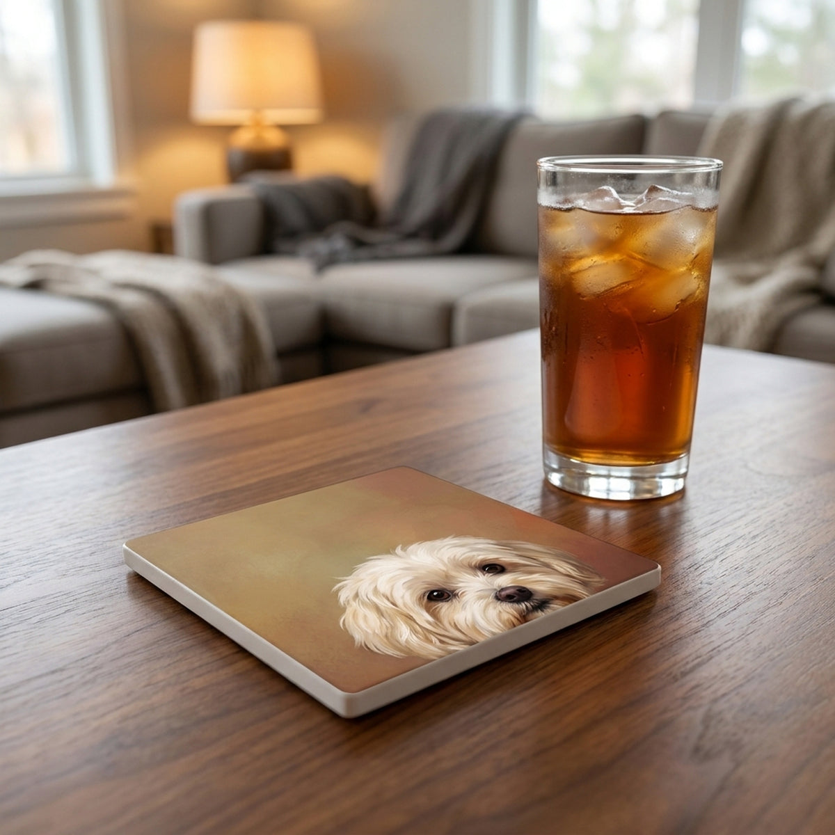 Maltese Portrait ceramic coasters set of 4, lifestyle