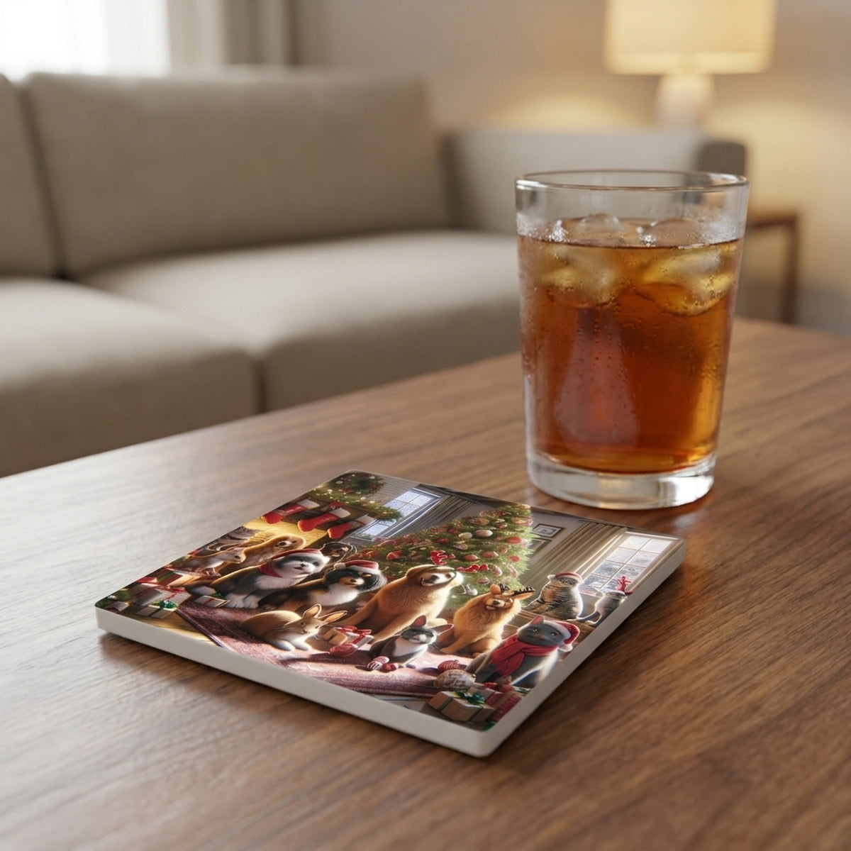 Cozy Holiday Pets ceramic coasters set of 4, lifestyle