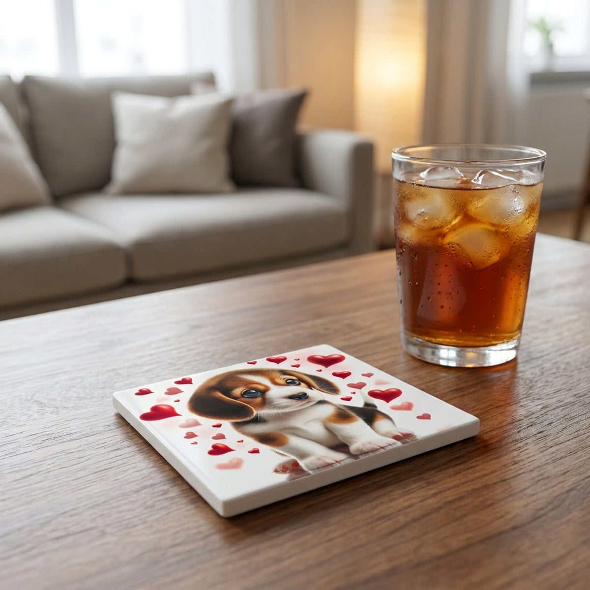 Beagle ceramic coasters set of 4, lifestyle