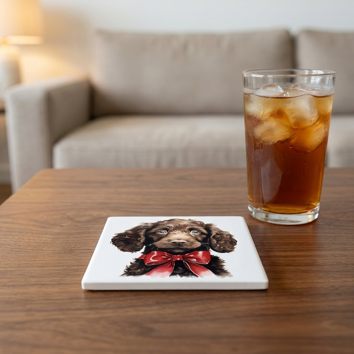 American Water Spaniel Puppy Drawing ceramic coasters set of 4, lifestyle