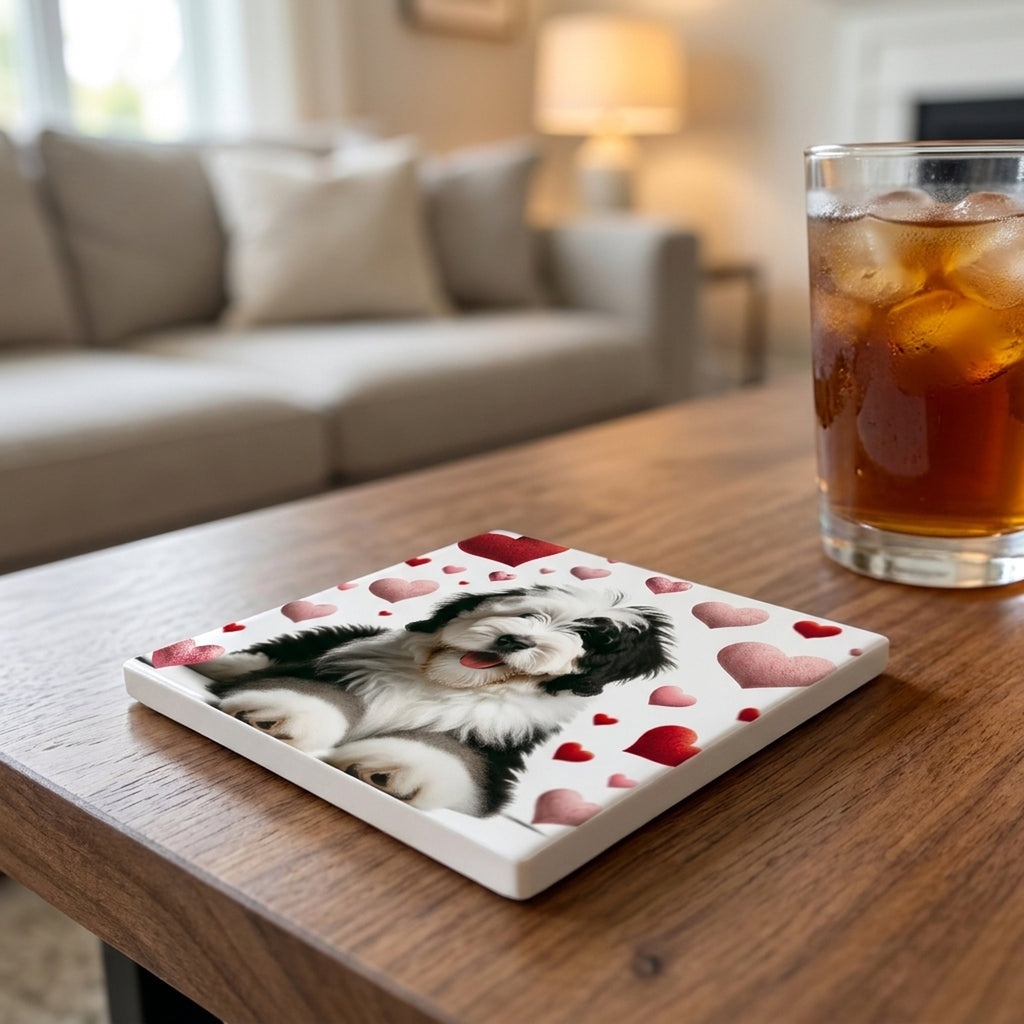 Old English Sheepdog ceramic coasters set of 4, lifestyle