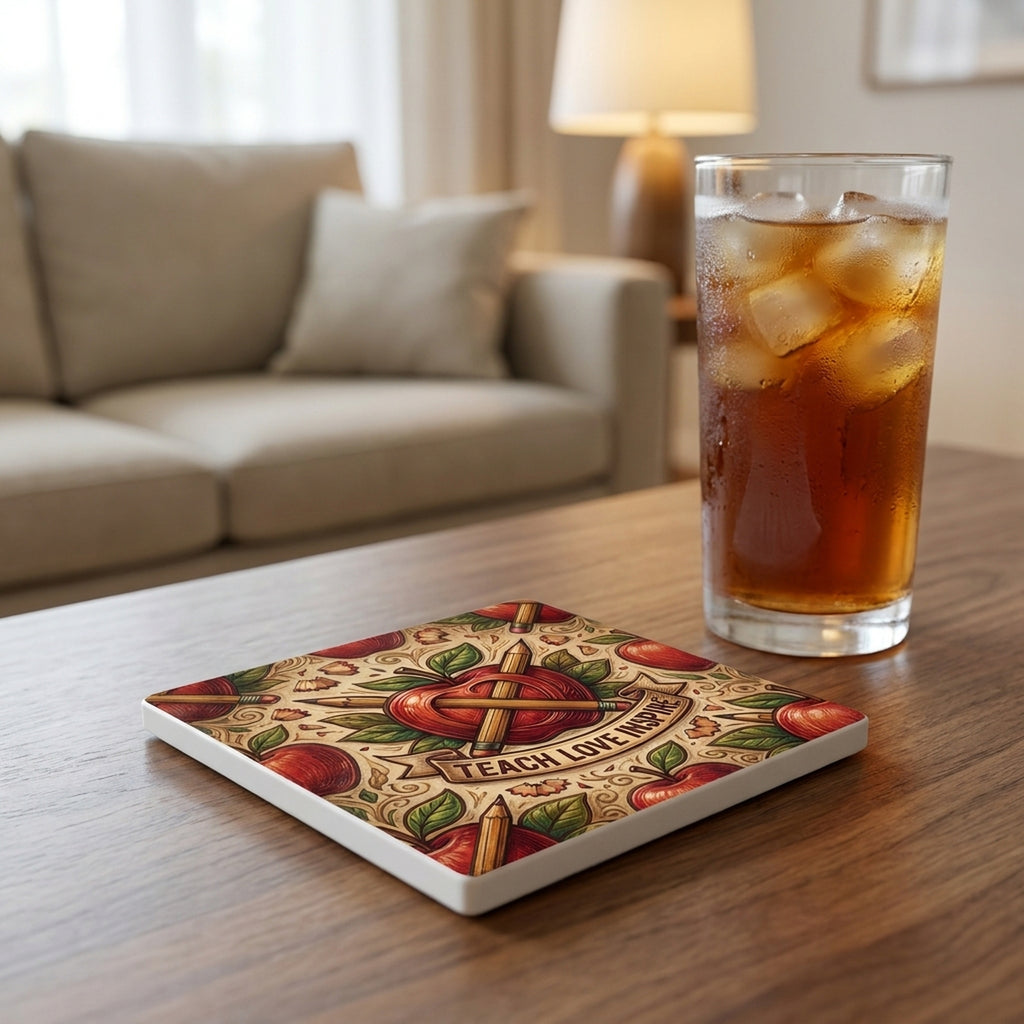 Teacher Apple ceramic coasters set of 4, lifestyle