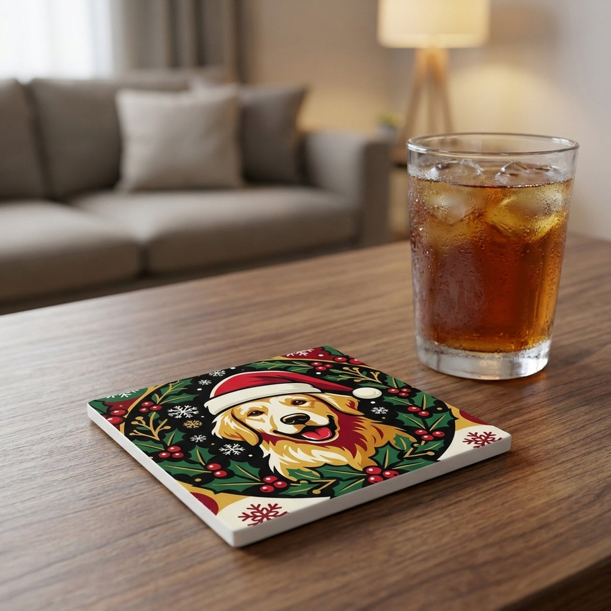 Golden Retriever Christmas Ornament Art ceramic coasters set of 4, lifestyle
