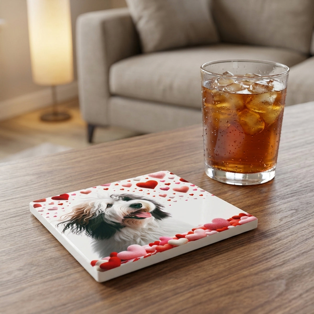 Old English Sheepdog ceramic coasters set of 4, lifestyle