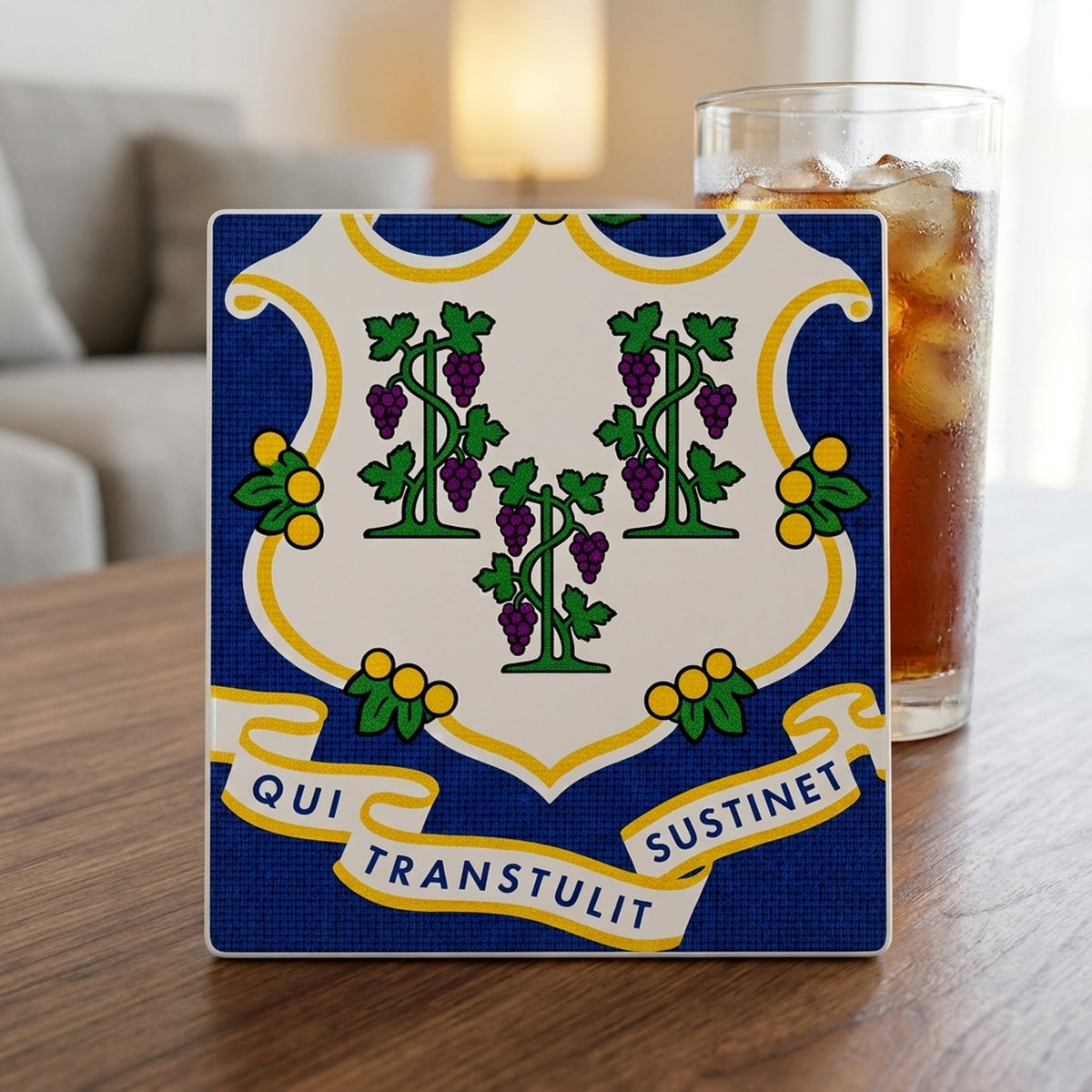 Connecticut State Flag ceramic coasters set of 4, lifestyle