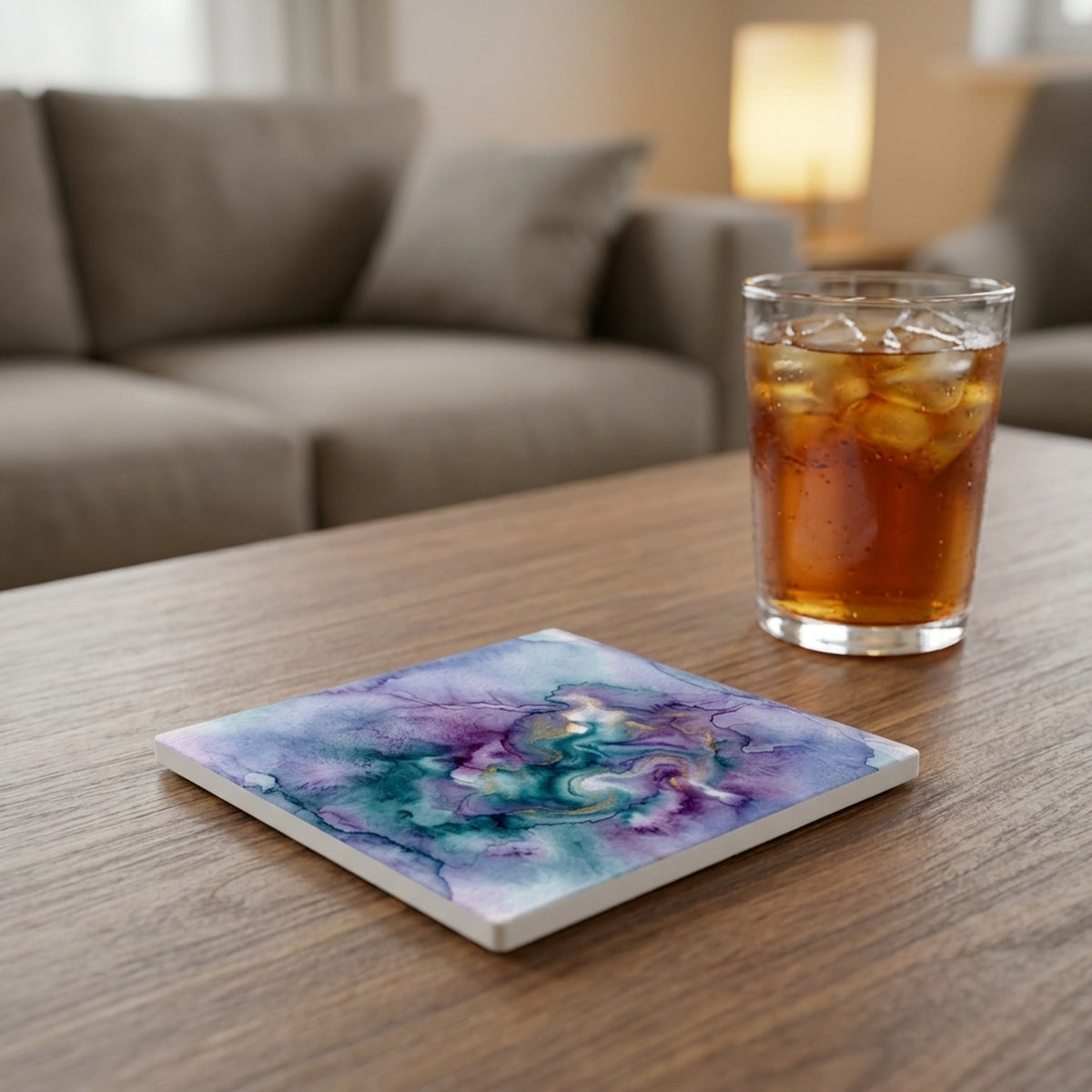 Watercolor Ombre ceramic coasters set of 4, lifestyle
