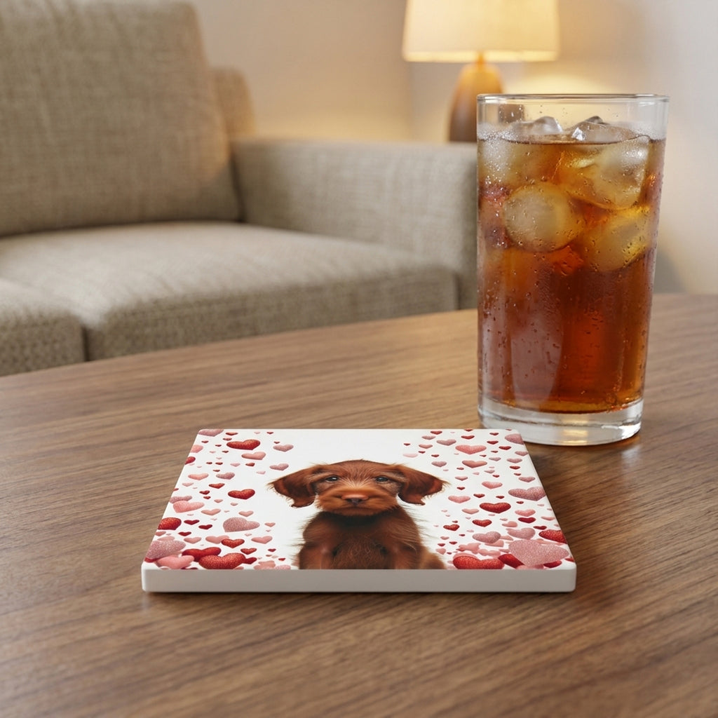 Wirehaired Vizsla ceramic coasters set of 4, lifestyle