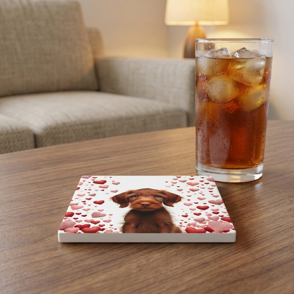 Wirehaired Vizsla ceramic coasters set of 4, lifestyle