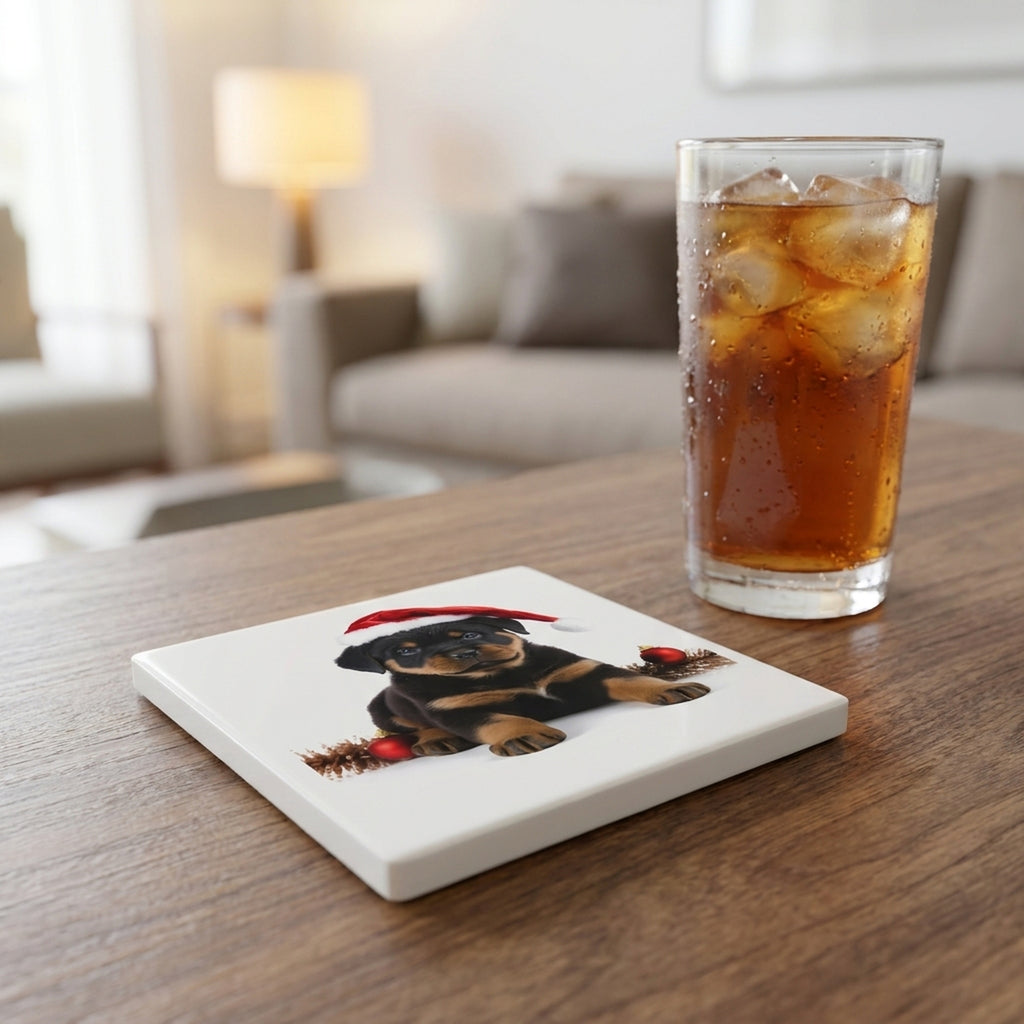 Rottweiler Puppy ceramic coasters set of 4, lifestyle
