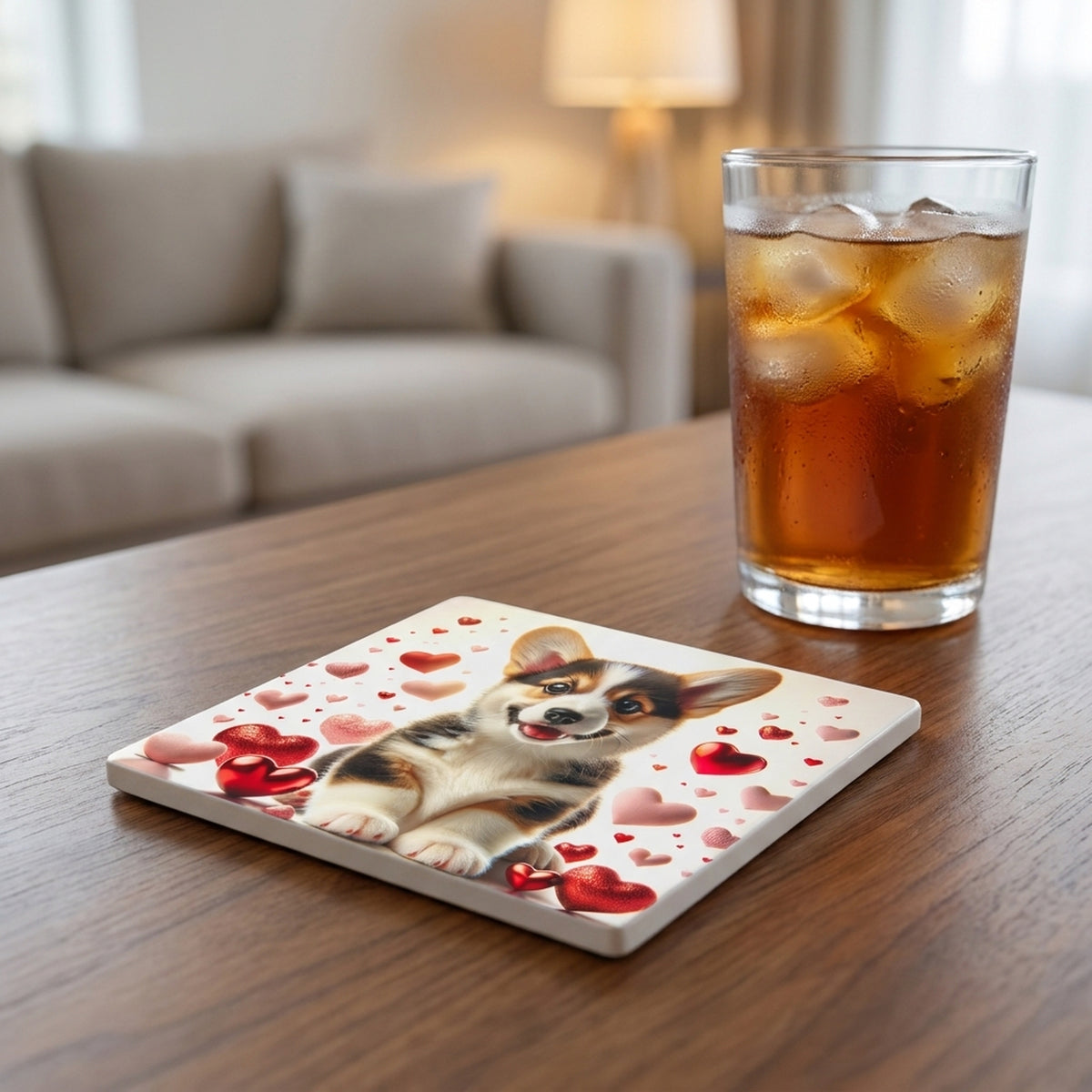 Pembroke Welsh Corgi ceramic coasters set of 4, lifestyle