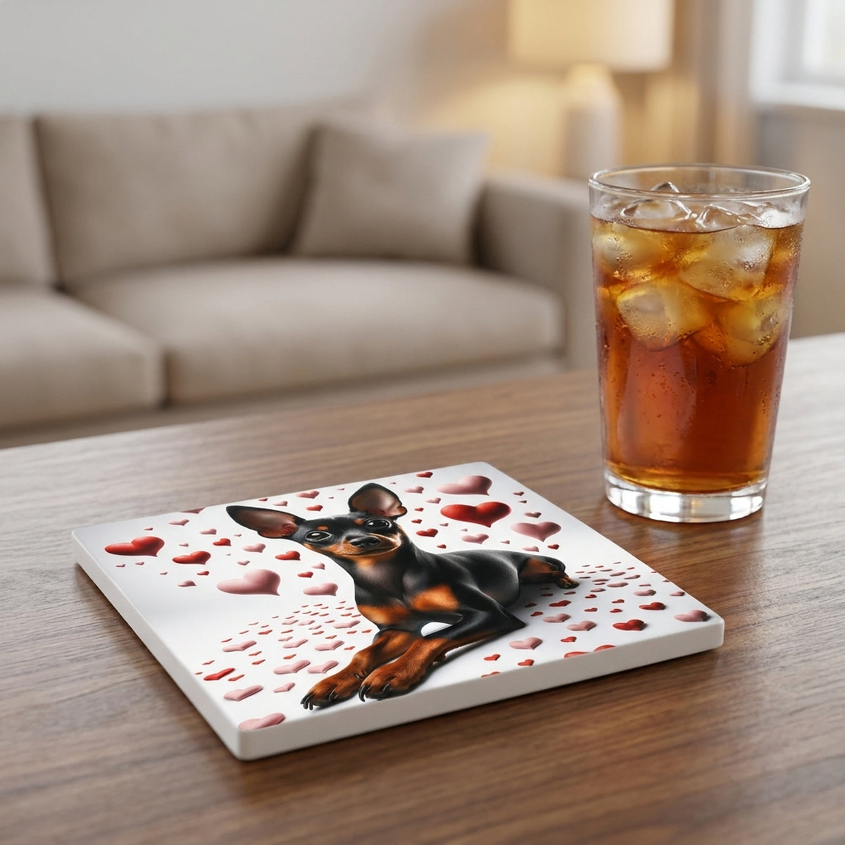 Miniature Pinscher ceramic coasters set of 4, lifestyle