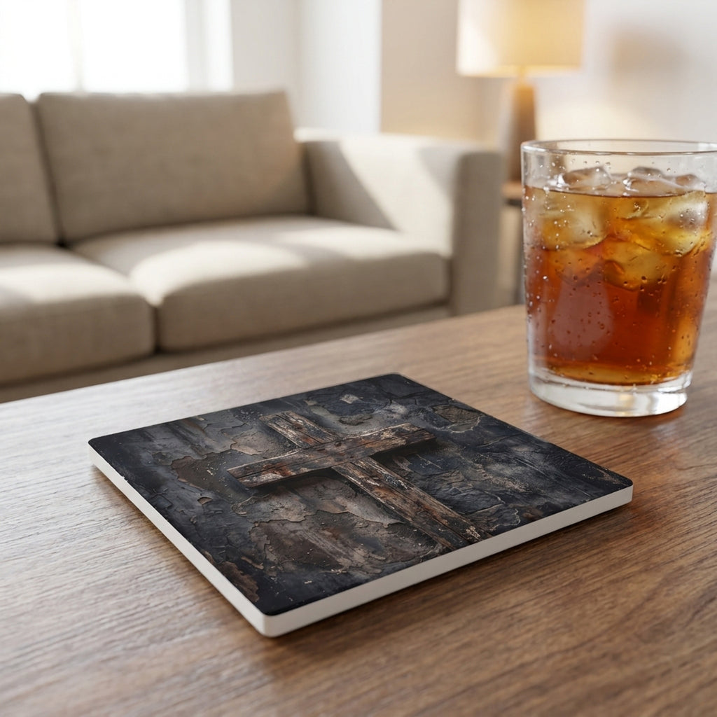 Distressed Cross ceramic coasters set of 4, lifestyle