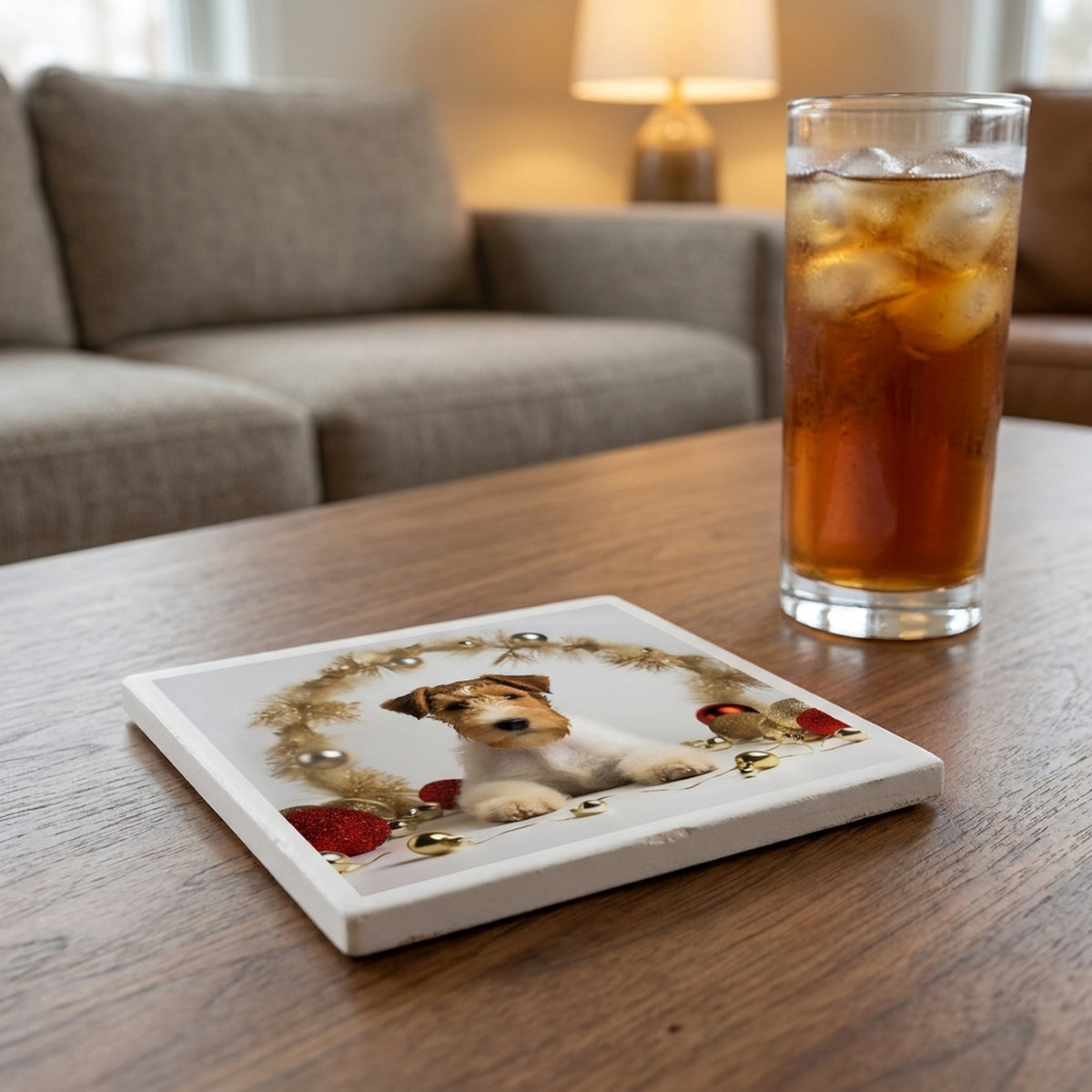 Wire Fox Terrier Puppy ceramic coasters set of 4, lifestyle