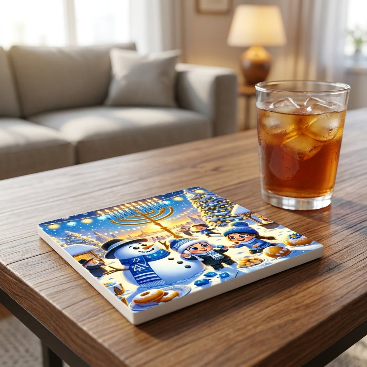 Hanukkah Winter Wonderland ceramic coasters set of 4, lifestyle