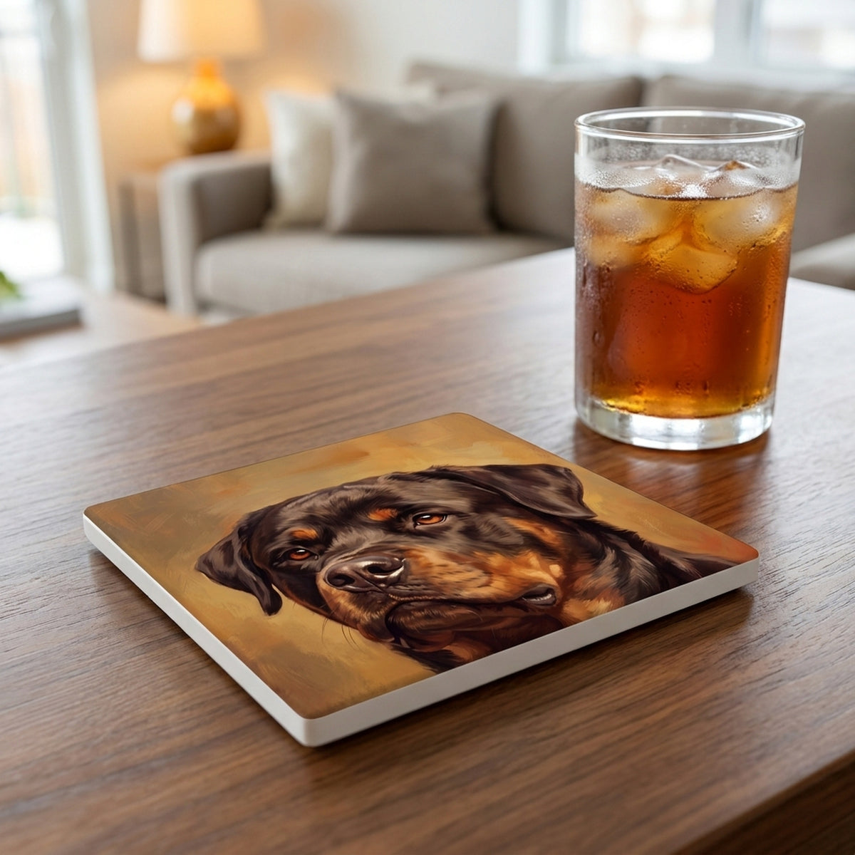 Rottweiler Portrait ceramic coasters set of 4, lifestyle