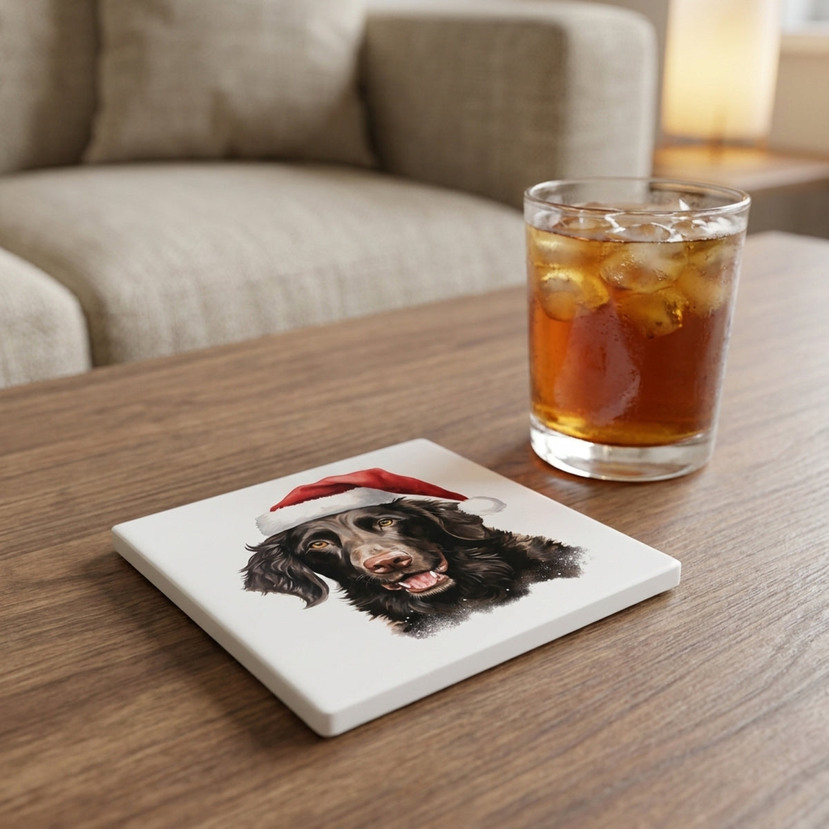 Curly-Coated Retriever ceramic coasters set of 4, lifestyle