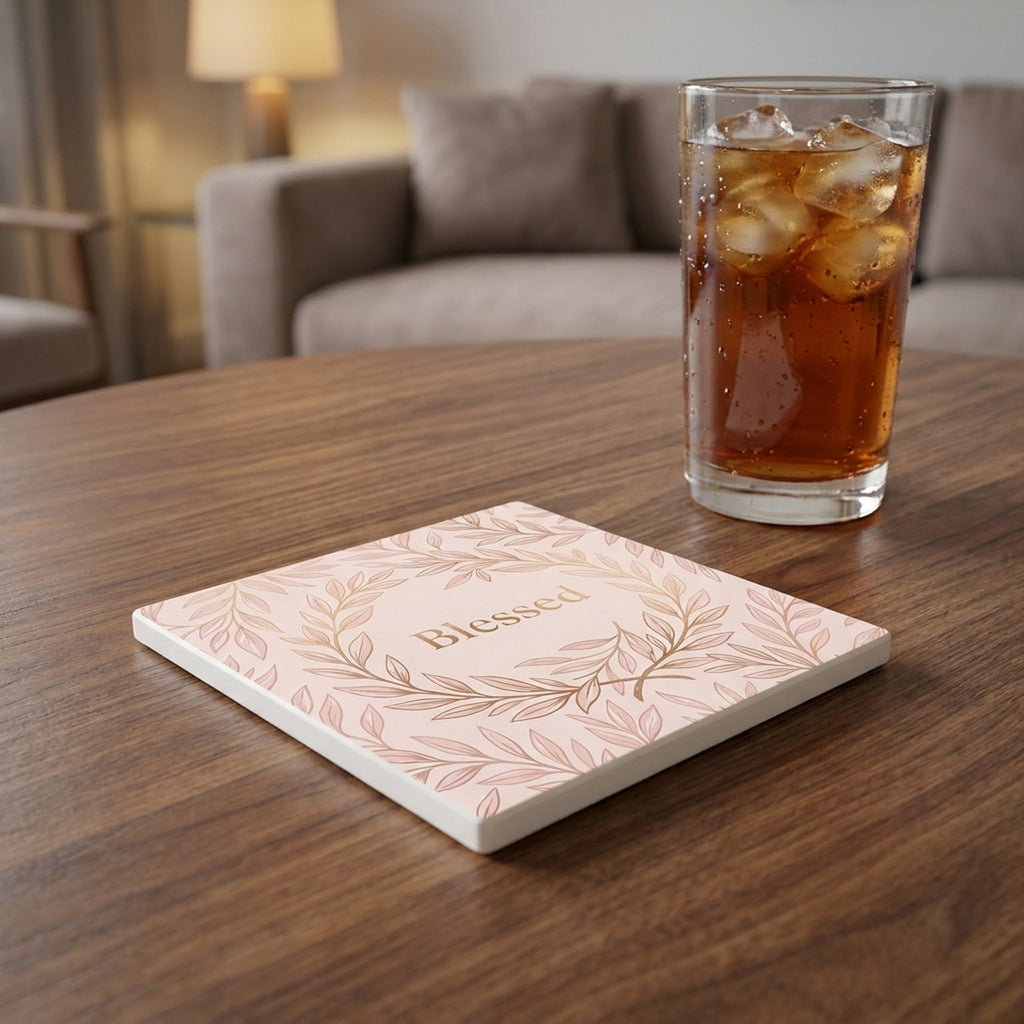 Blessed Script ceramic coasters set of 4, lifestyle