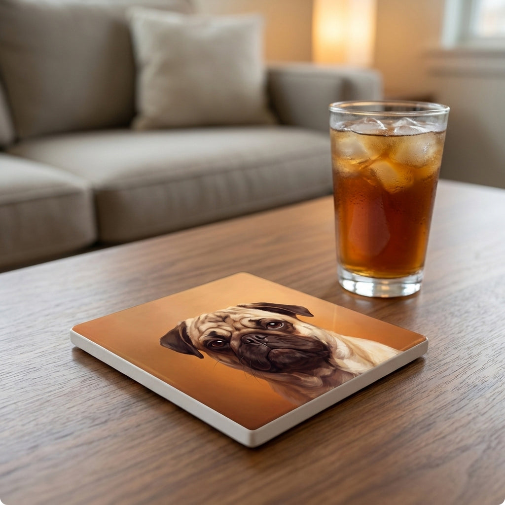 Pug Portrait ceramic coasters set of 4, lifestyle