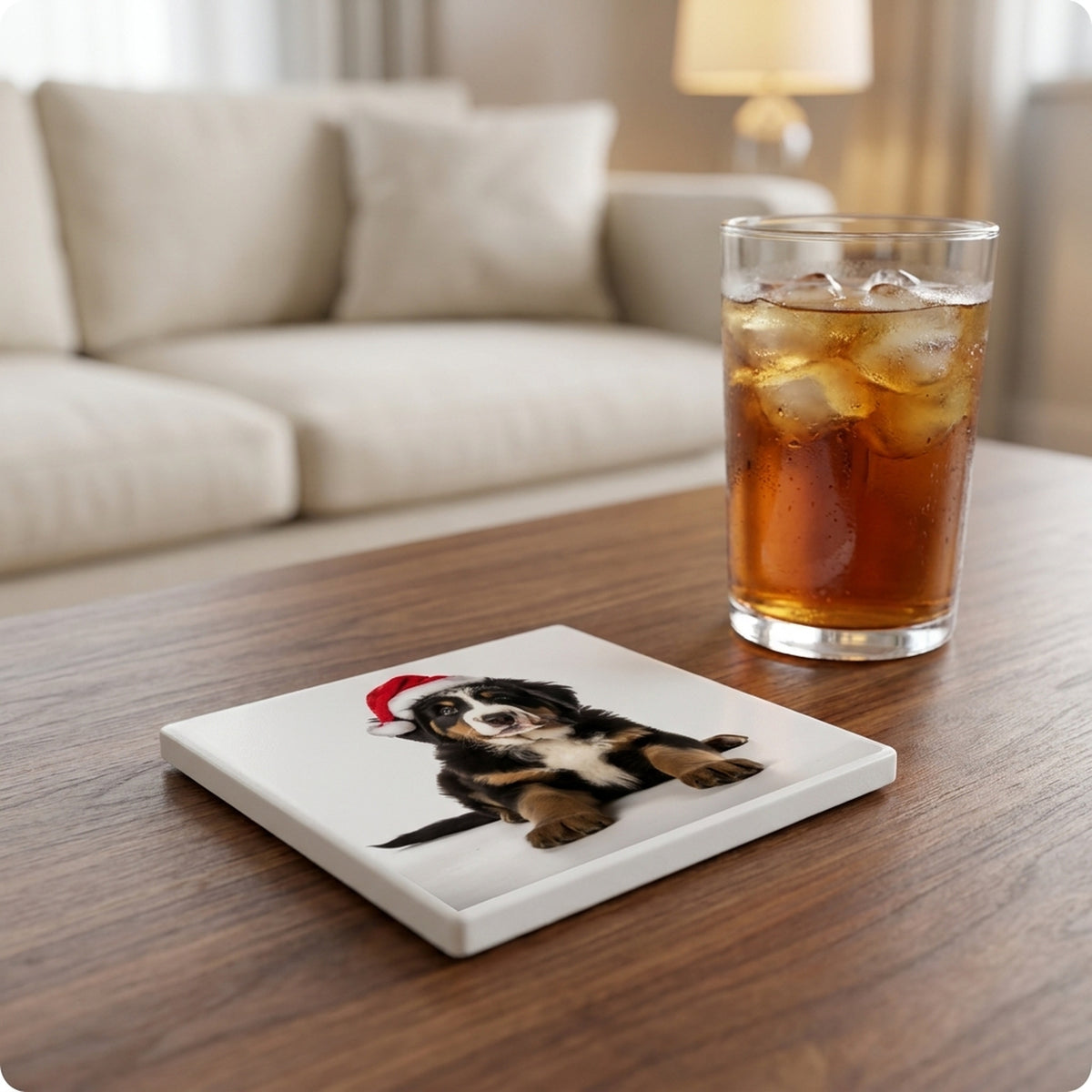 Greater Swiss Mountain Dog Puppy ceramic coasters set of 4, lifestyle