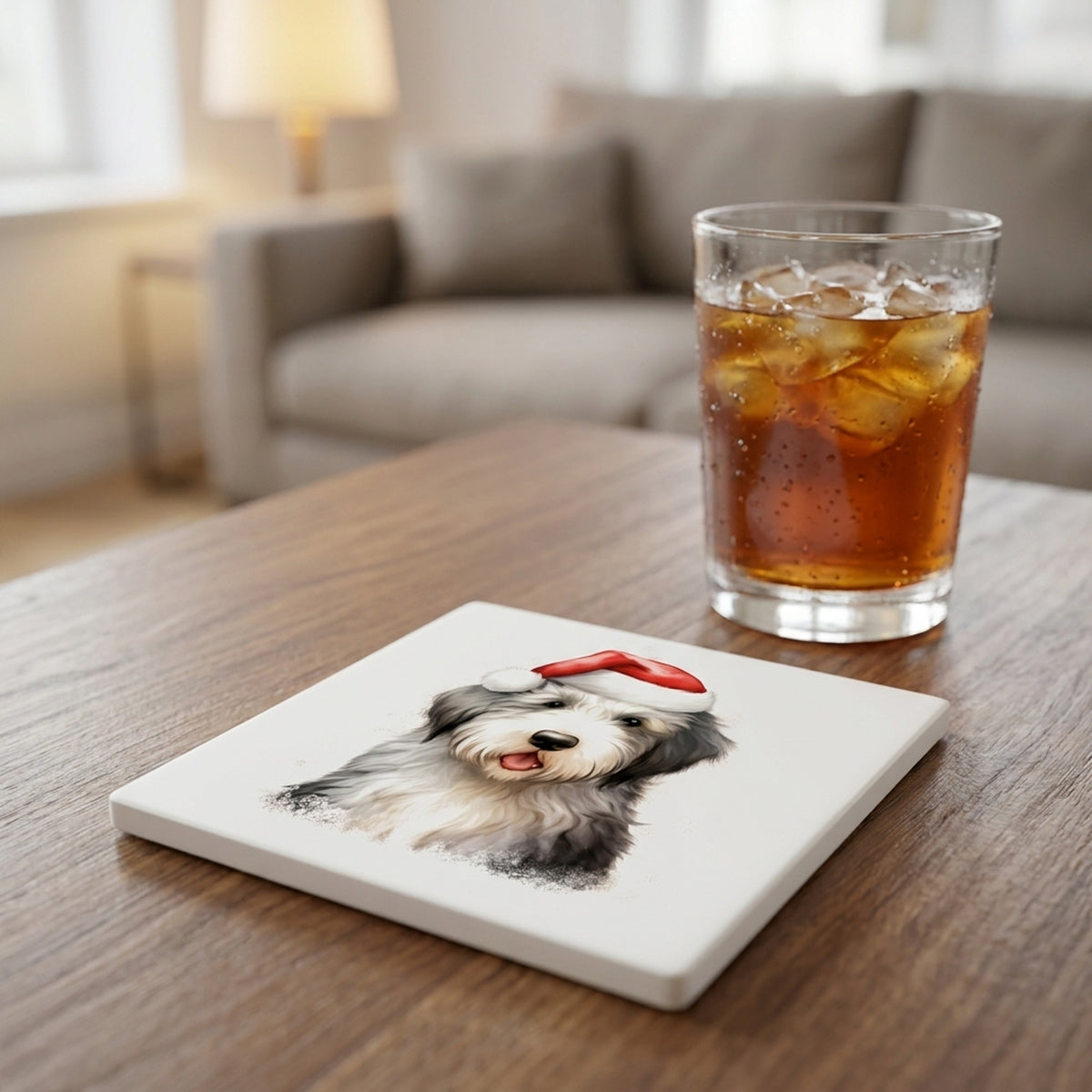 Old English Sheepdog Puppy Drawing ceramic coasters set of 4, lifestyle