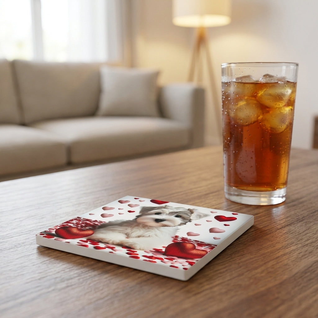 Miniature Schnauzer ceramic coasters set of 4, lifestyle