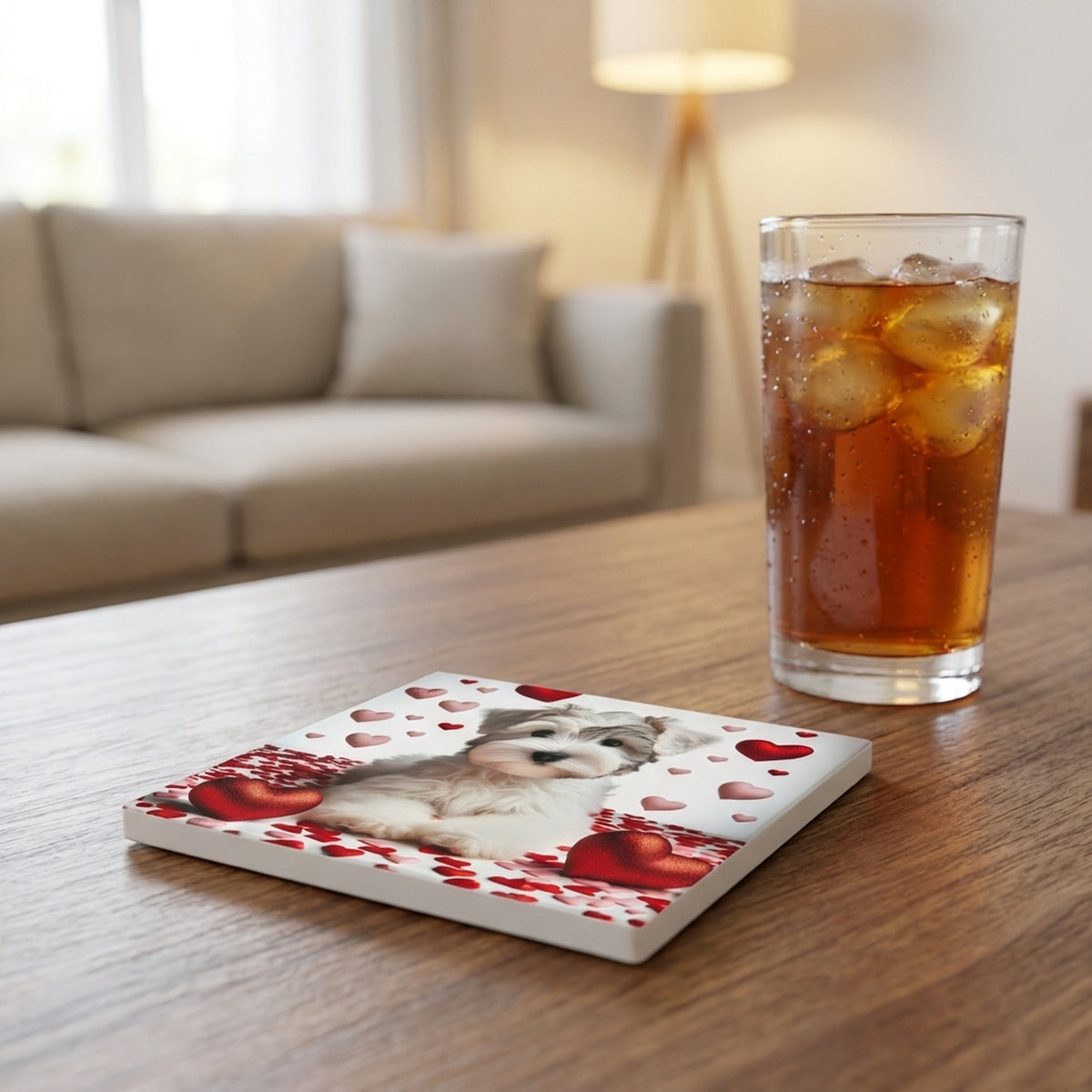 Miniature Schnauzer ceramic coasters set of 4, lifestyle