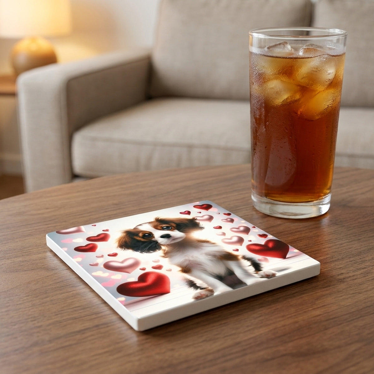 Cavalier King Charles Spaniel ceramic coasters set of 4, lifestyle