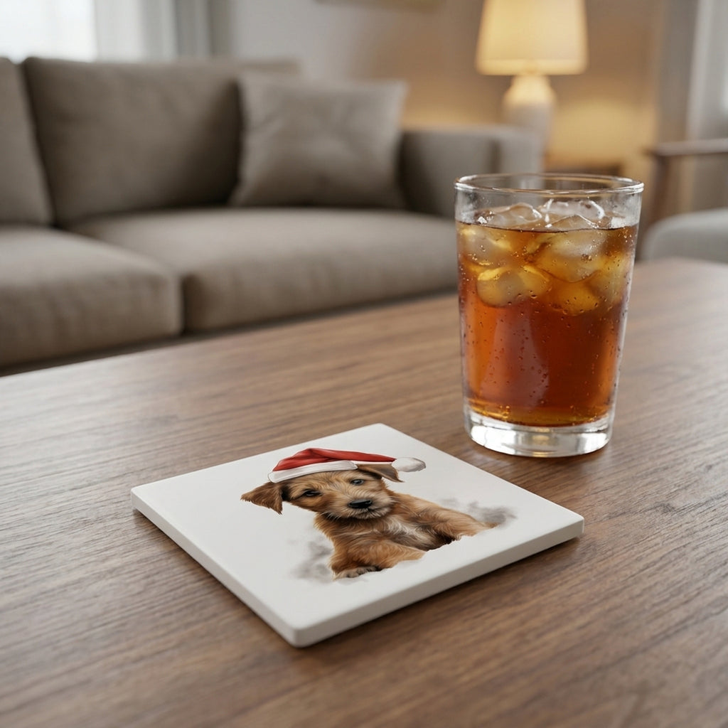Irish Terrier Puppy Drawing ceramic coasters set of 4, lifestyle