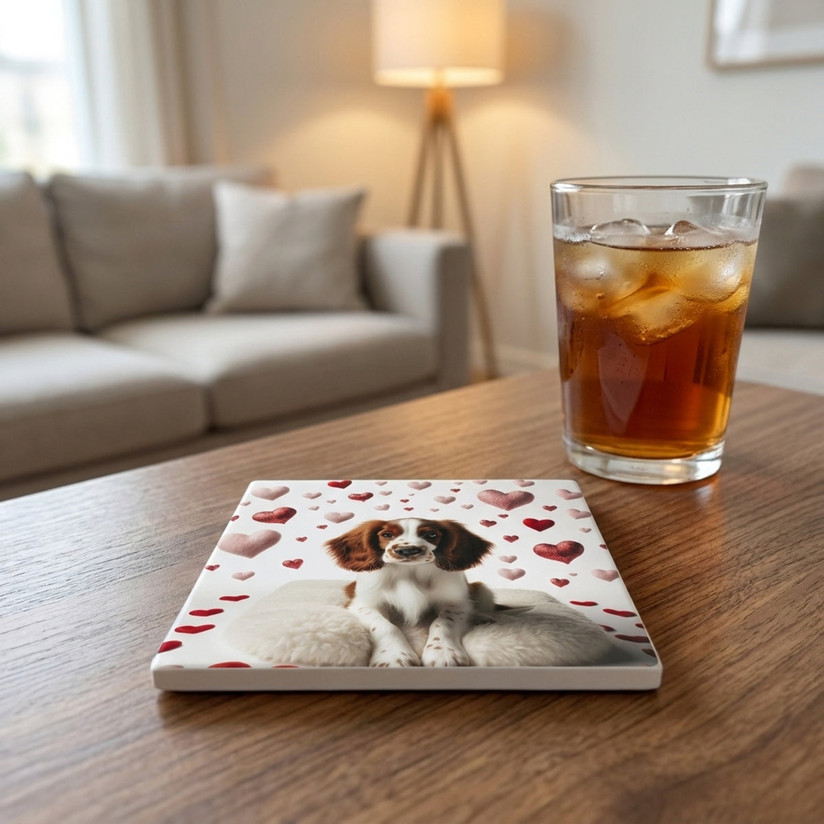 Welsh Springer Spaniel ceramic coasters set of 4, lifestyle