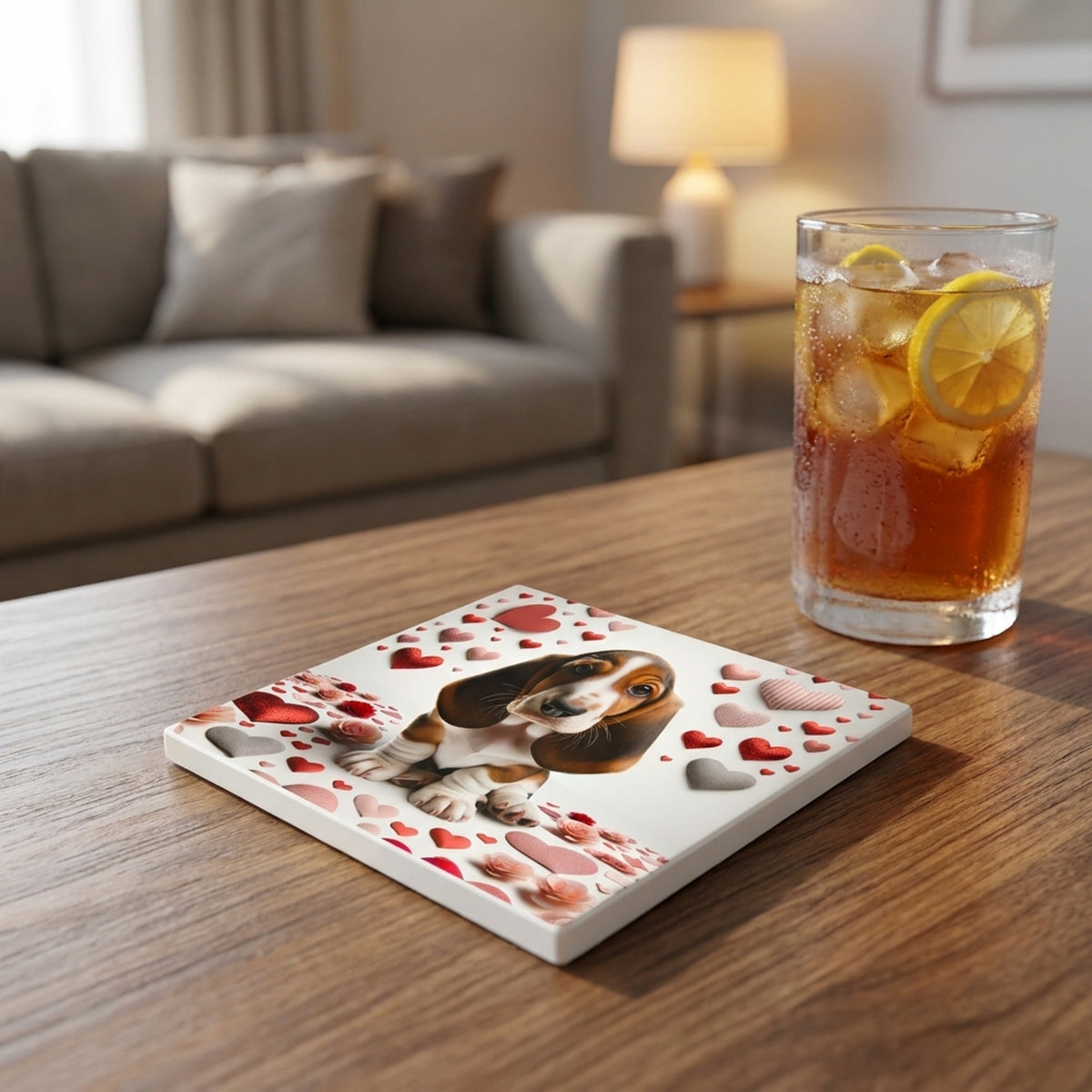 Basset Hound ceramic coasters set of 4, lifestyle