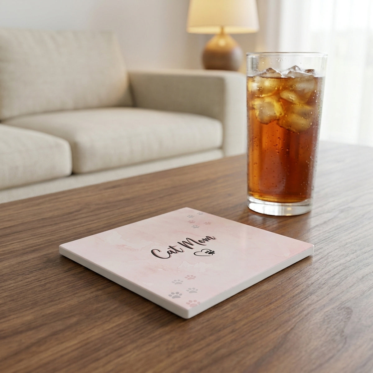 Cat Mom Heart Paw ceramic coasters set of 4, lifestyle