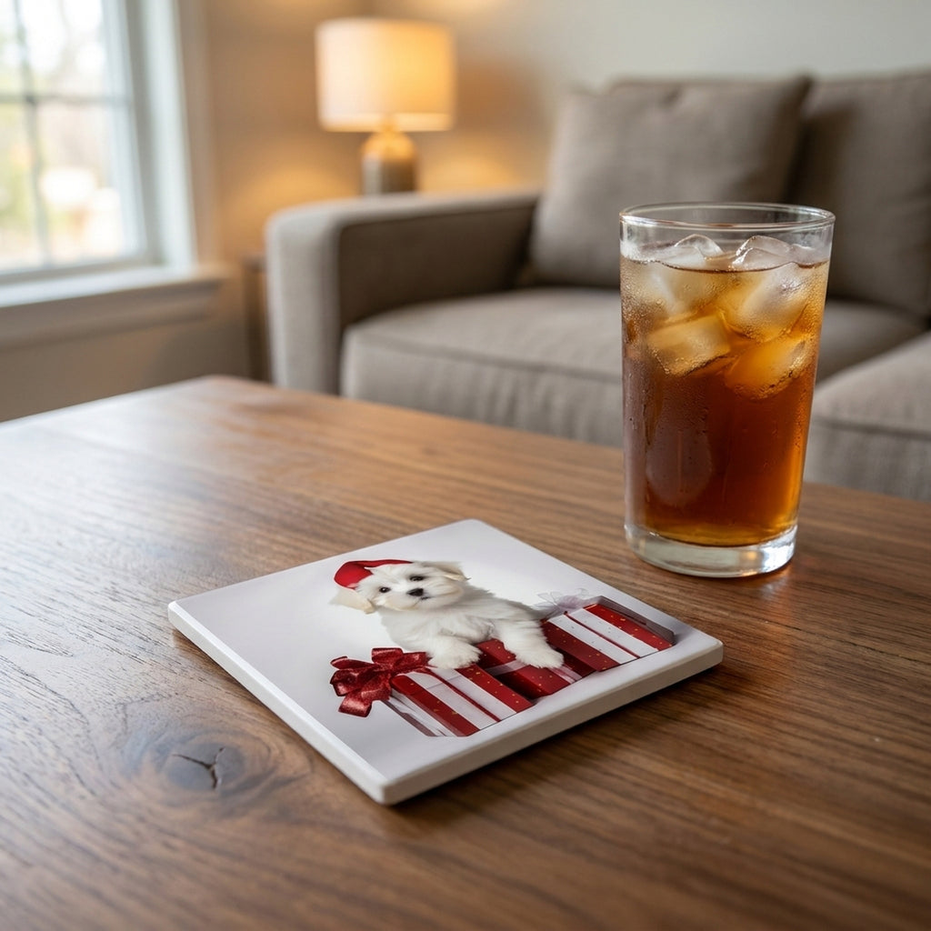 Coton de Tulear Puppy ceramic coasters set of 4, lifestyle