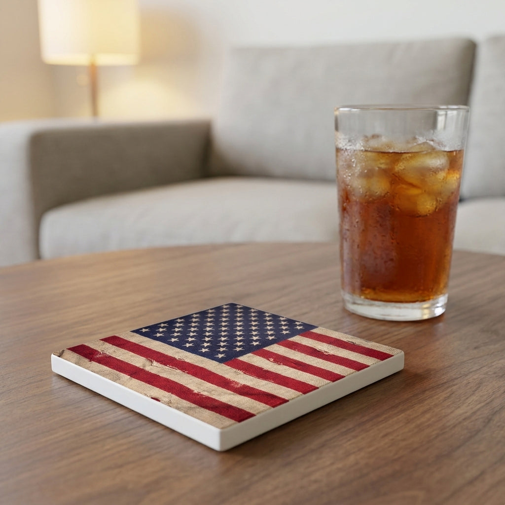 Weathered American Flag ceramic coasters set of 4, lifestyle