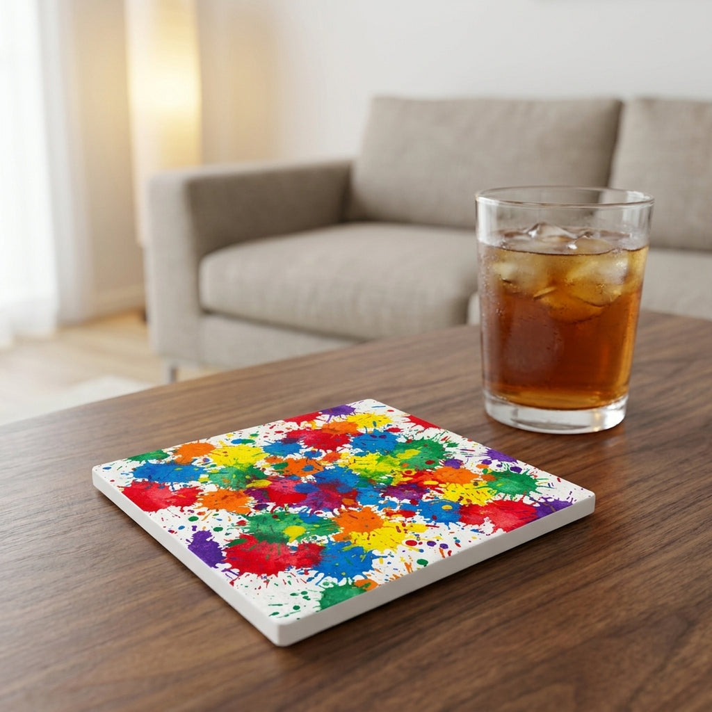 Paint Splatter ceramic coasters set of 4, lifestyle