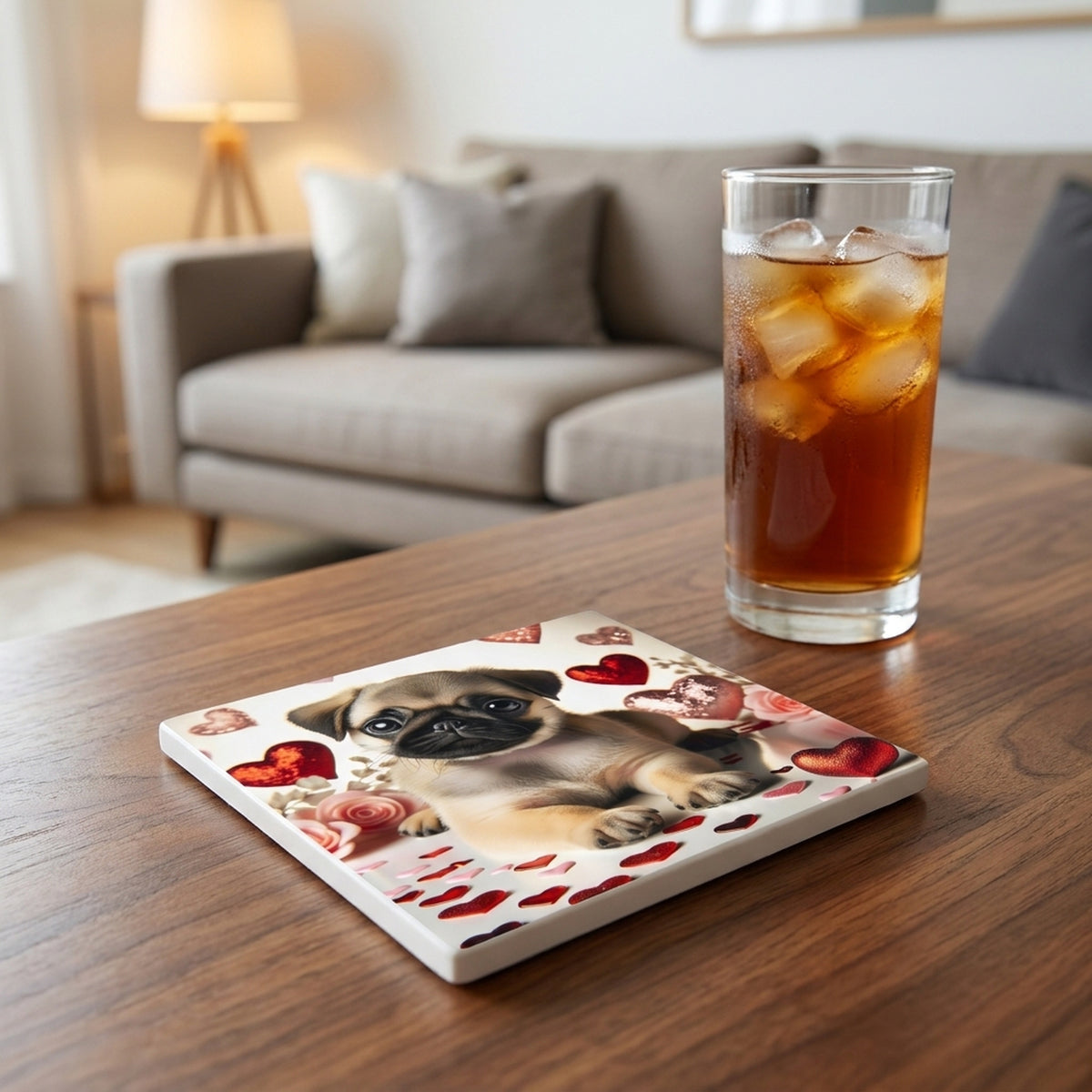 Pug ceramic coasters set of 4, lifestyle