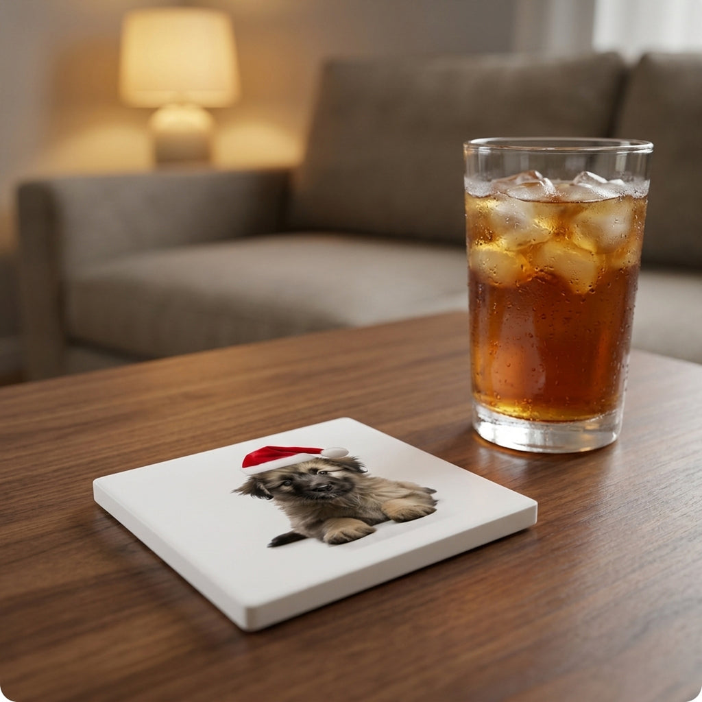 Pyrenean Shepherd Puppy ceramic coasters set of 4, lifestyle