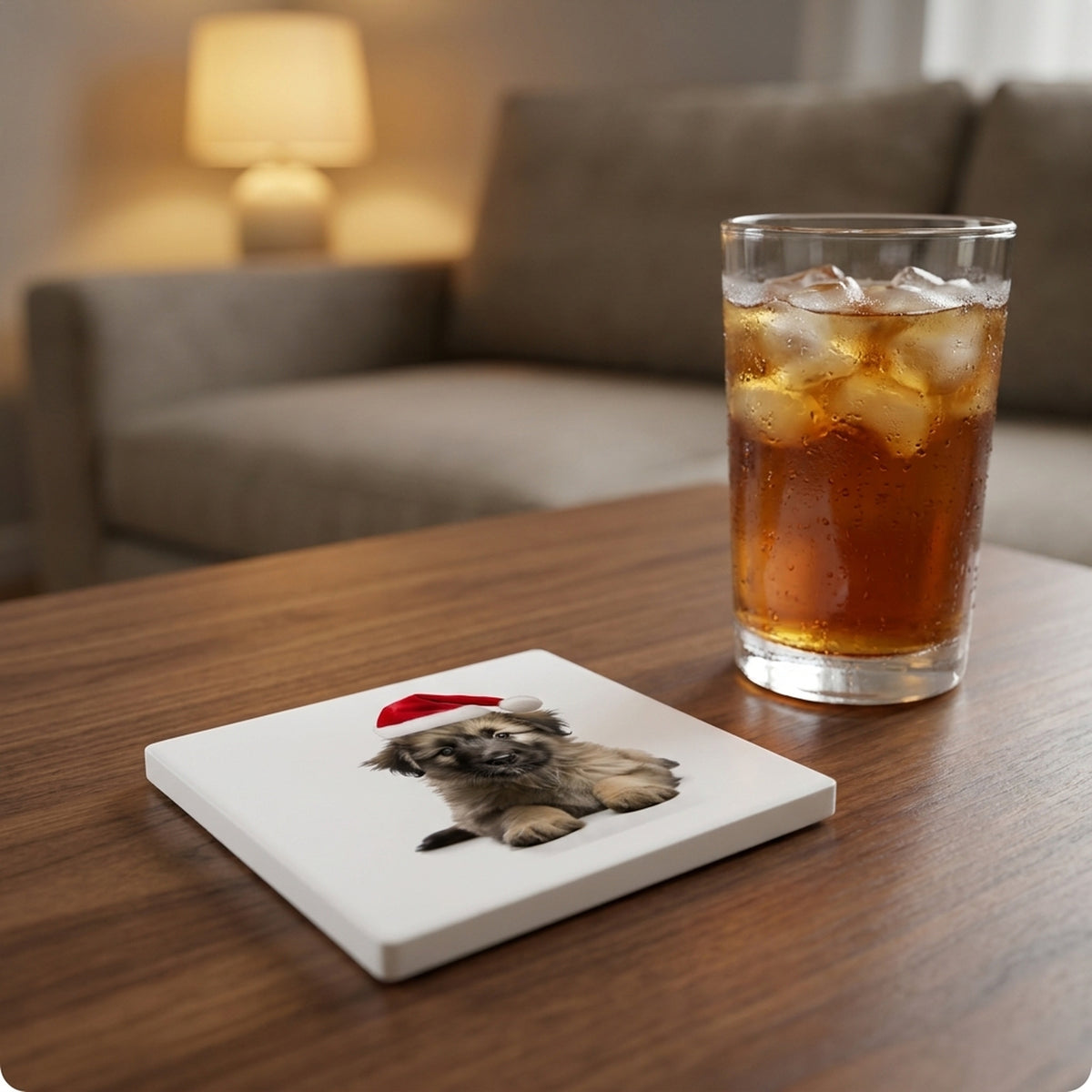 Pyrenean Shepherd Puppy ceramic coasters set of 4, lifestyle